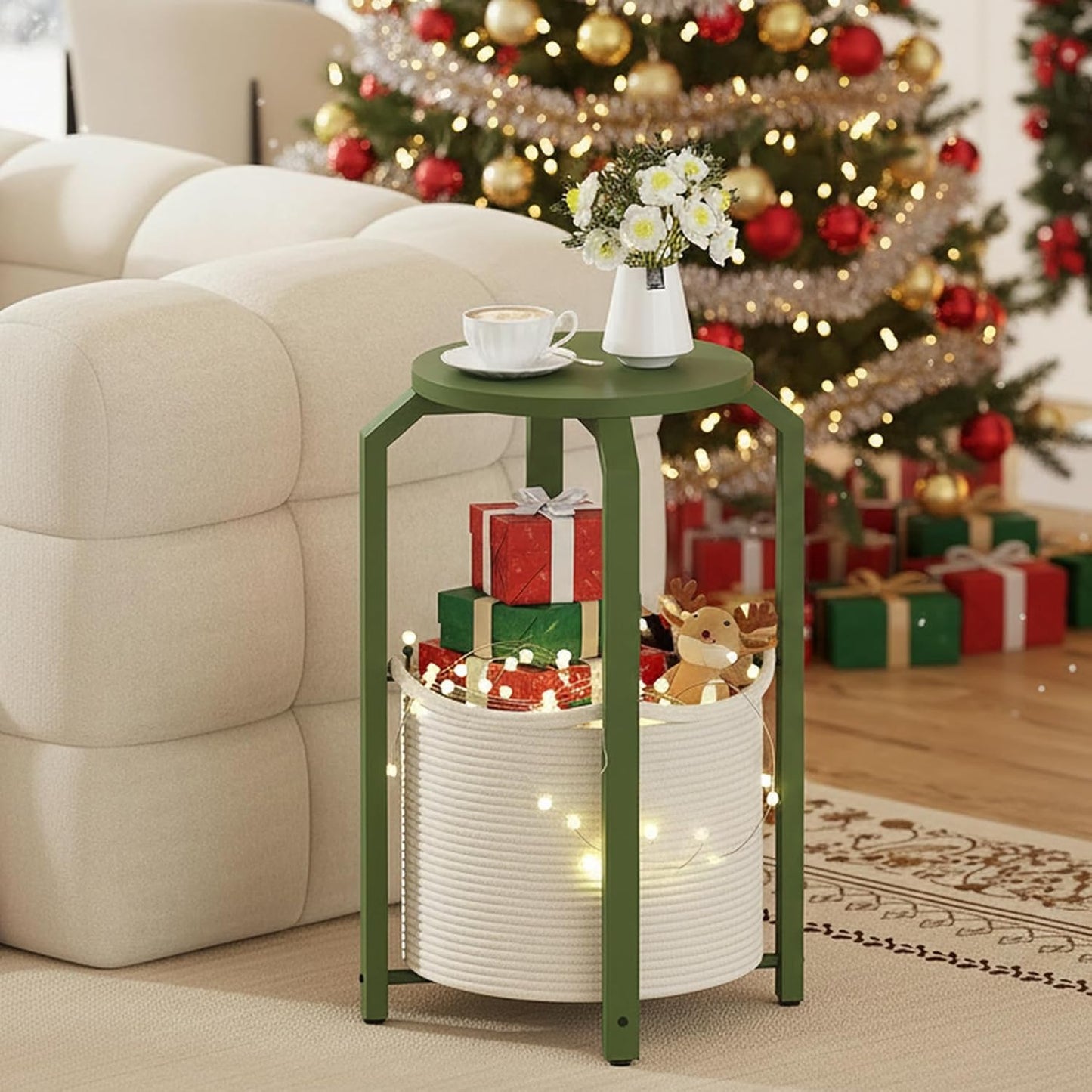 TUTOTAK Small Side Table, Round End Table, Night Stand, Bedside Table, Sofa Table with Storage Basket, Living Room, Bed Room, Olive Green TB01BOG092