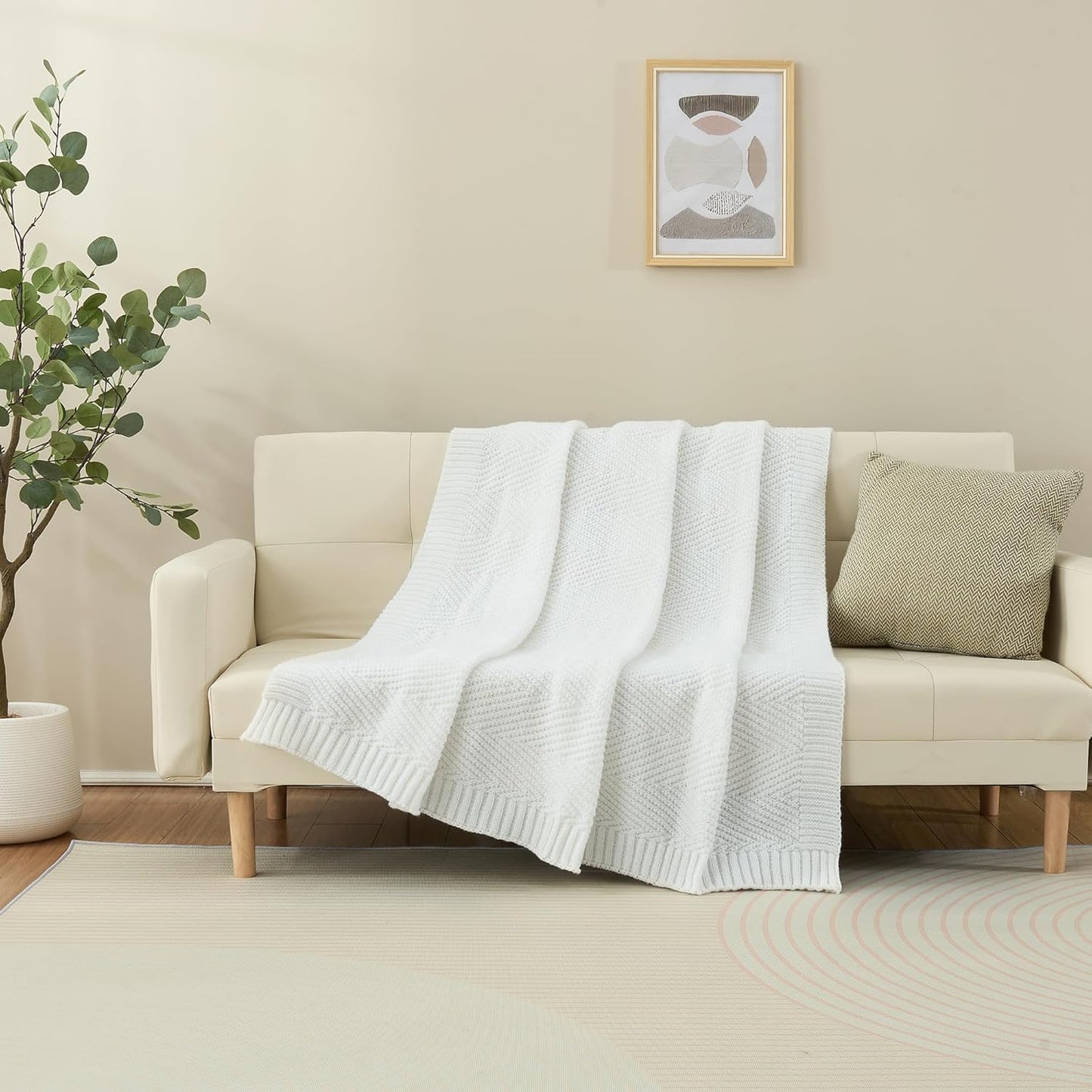 Knitted Throw Blanket 60"X80", White Knit Throws for Bed, Super Soft Boho Chevron Blankets for Couch Sofa Chair Room Decor, Textured Decorative Farmhouse Cozy Lightweight