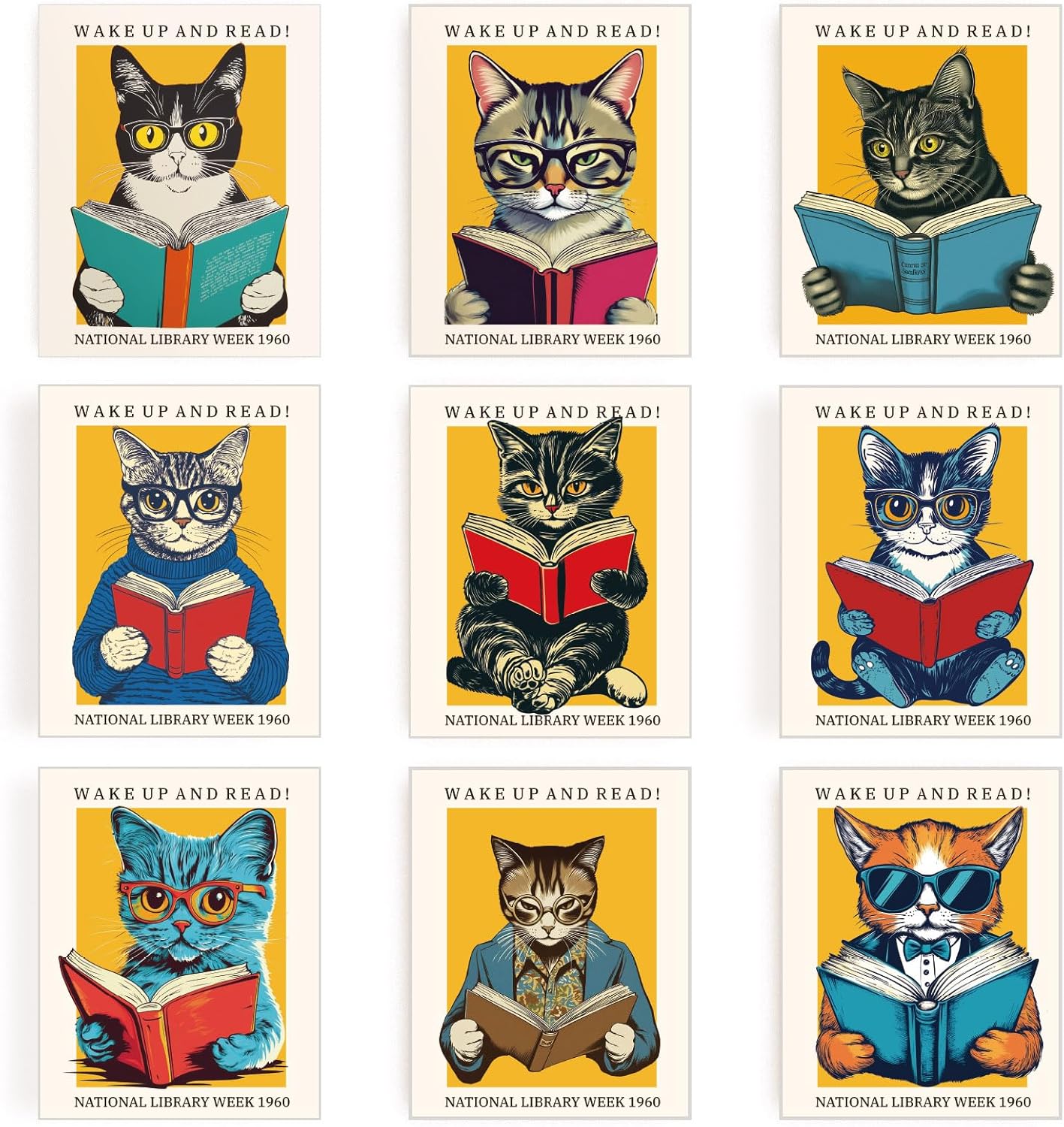 INFUNLY 9pcs Cat Reading Wall Art Prints Vintage Cool Cat Pictures Poster 8"×10" Reading Books Artwork Decor Unframed Canvas Poster Prints Aesthetic Wall Art for Bedroom Bookworm Library Home Decor
