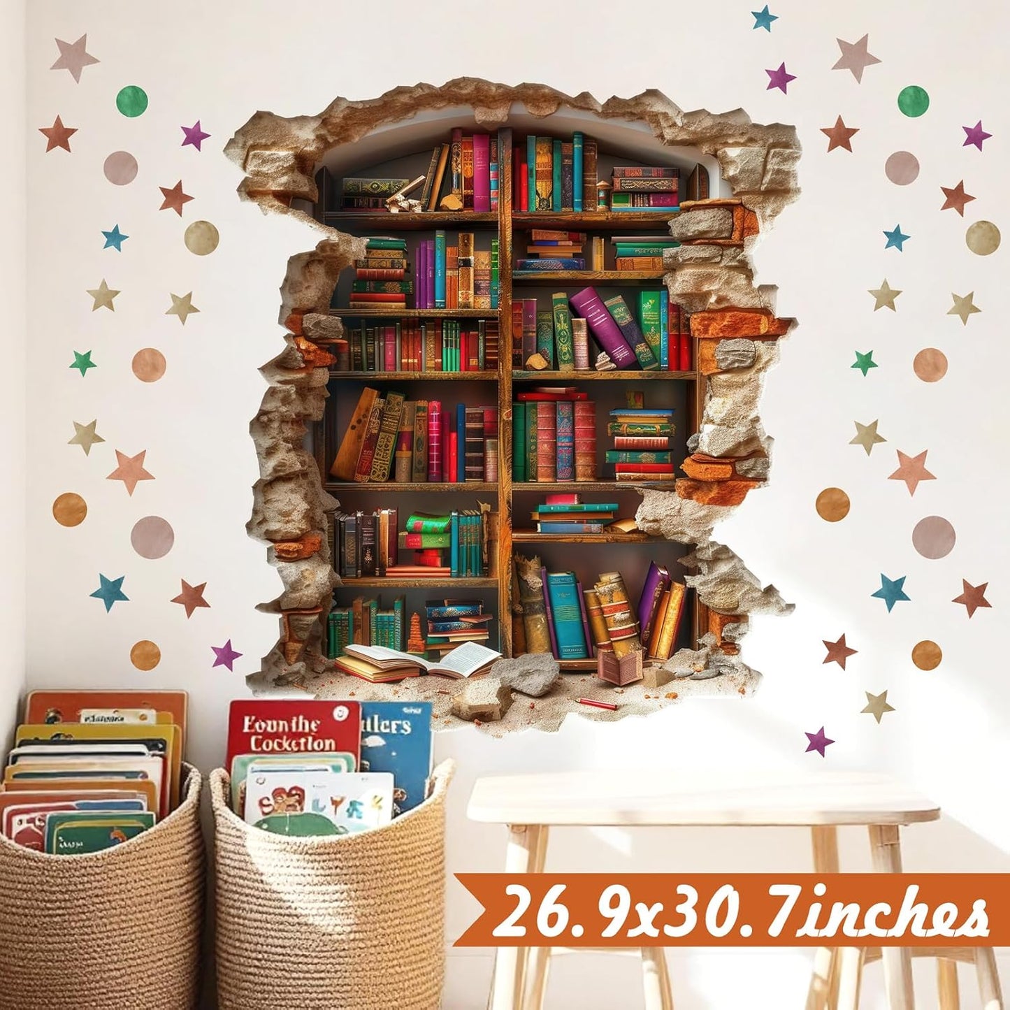 Large Vintage Book Wall Stickers 3D Broken Wall Decals Peel and Stick Reading Room Art Murals Read Signs Vinyl Decal Bookshelf Art Decorations DIY Walls Sticker for School Library Classroom Home Decor