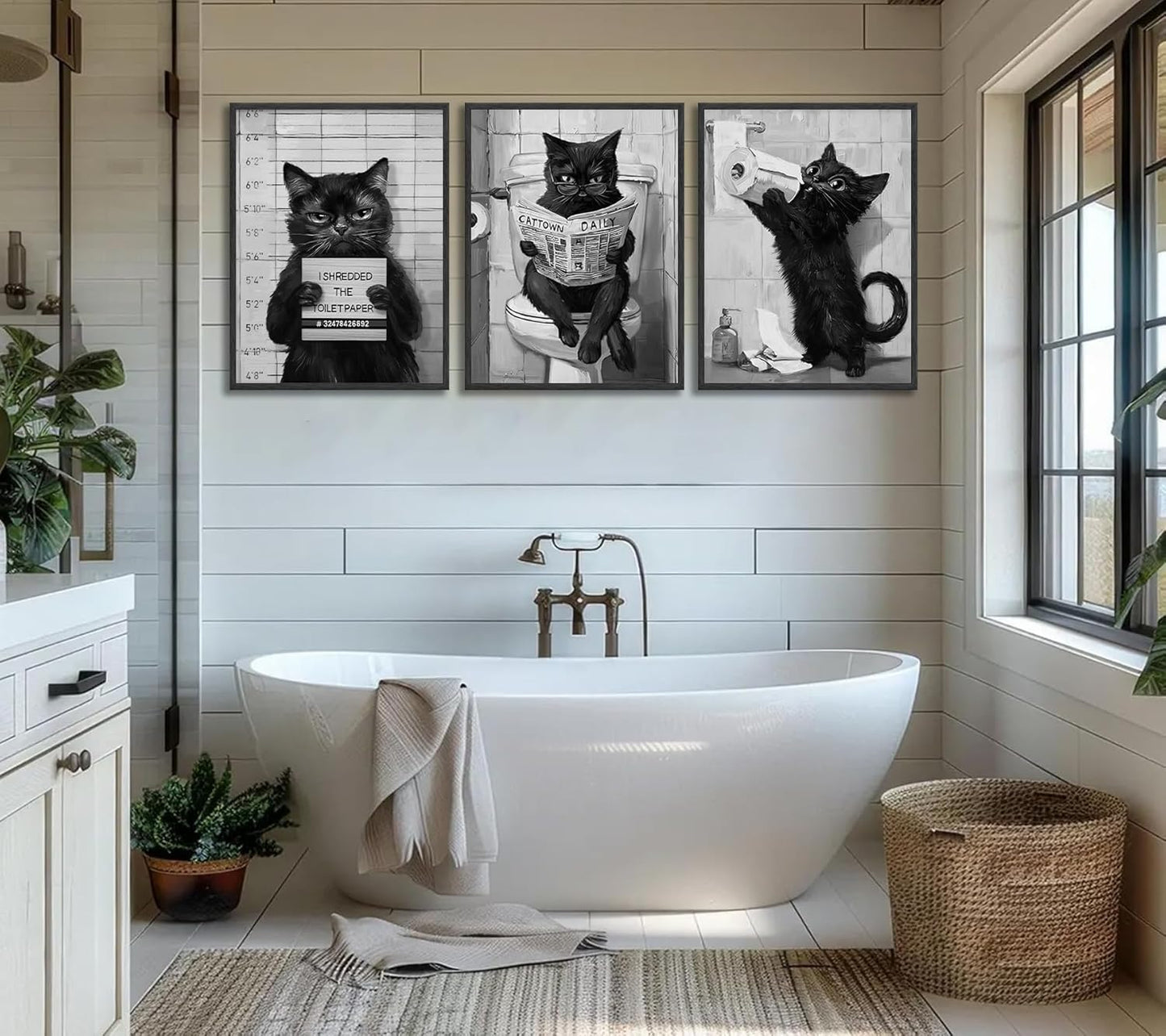 3Pcs Bathroom Black White Cat Wall Art Abstract Cat Reading Newspaper On The Toilet Posters Print Artwork Funny Animal Pictures Wall Decor for Home Restroom Decoration 16x24in Unframed