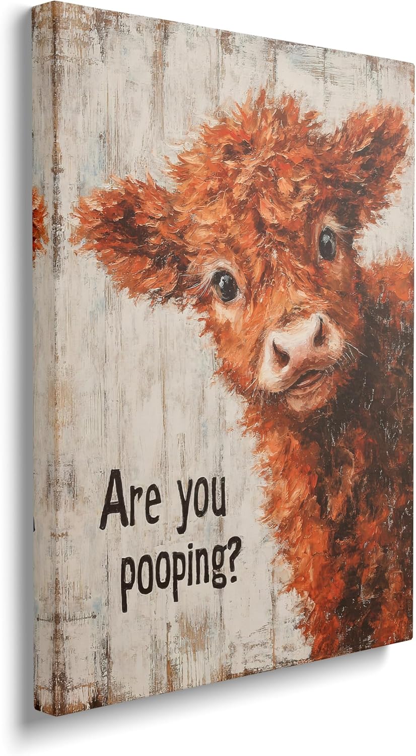 Funny Highland Cow Canvas Wall Art Are You Pooping Sign Poster Highland Cow Pictures Painting Modern Prints Framed Artwork for Toilet Bathroom Washroom Wall Decor 12"x16"