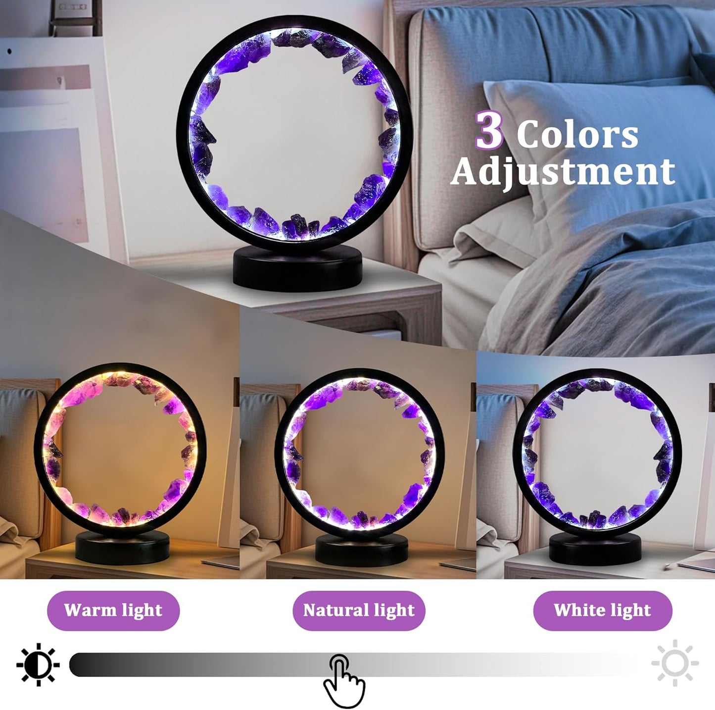 Crystals Night Light Amethyst Table Lamp,Natural Raw Amethyst Selenite Calming Lamps Crystal Healing Stone Bedside Light with 3 Color Dimming Mode,Nightlight for Office Home Decor Gift