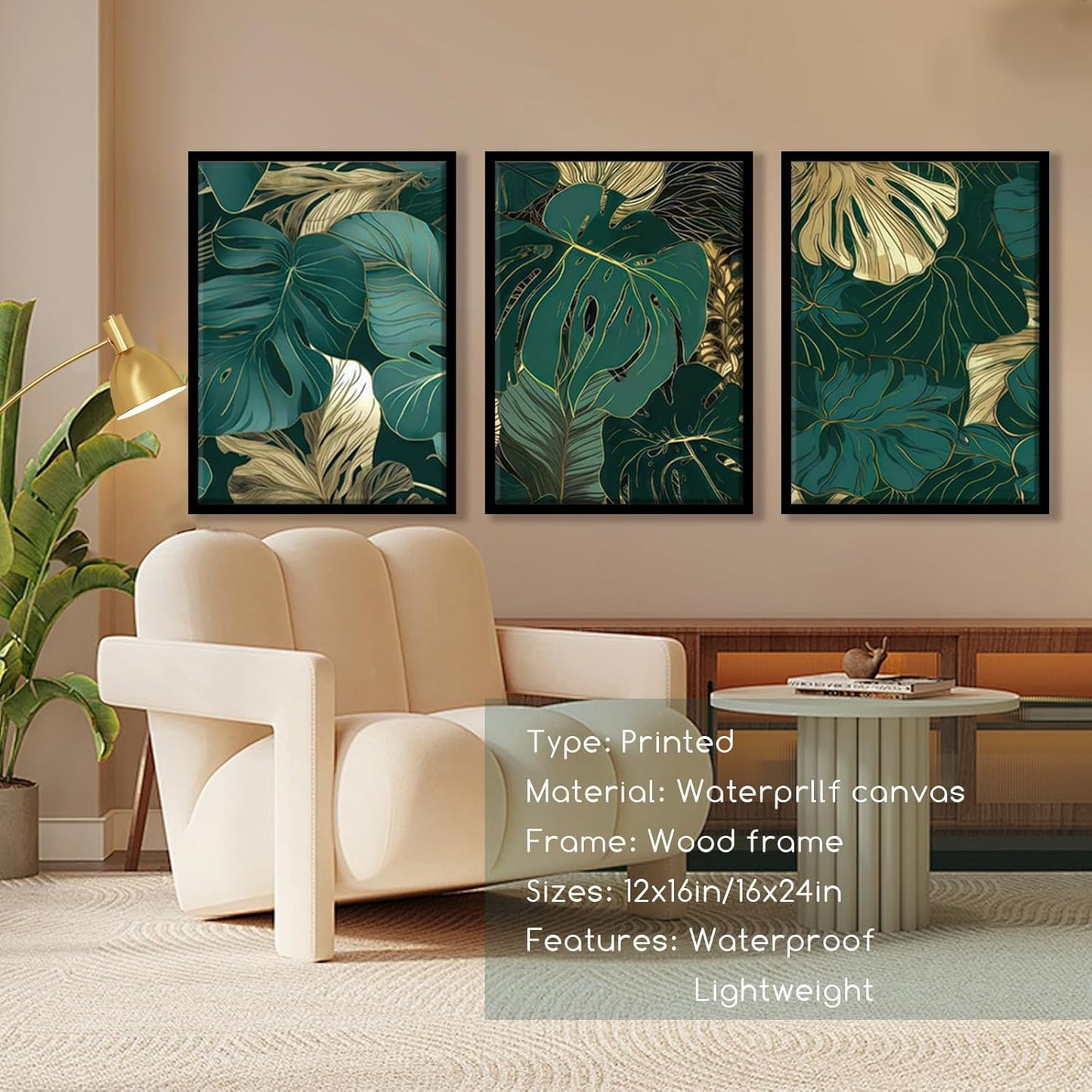 Framed Gold Green Wall Art Set of 3 Tropical Botanical Picture Emerald green Leaf Painting Prints Wall Decor with Black Frame Modern Plant Poster for Living Room Bedroom Bathroom Office 16x24Inch