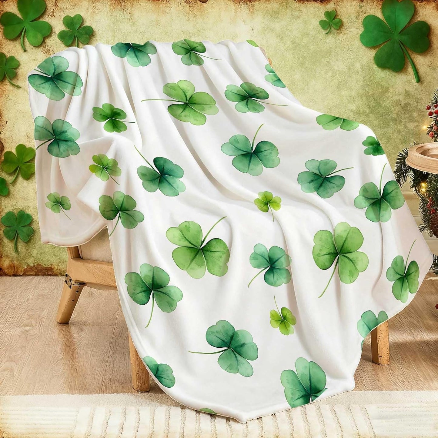St Patricks Day Throw Blanket Watercolor Shamrock Green Clover Irish Soft Cozy Flannel Blankets for Bed Sofa Couch Chair Home Decorations 50 x 60 Inch
