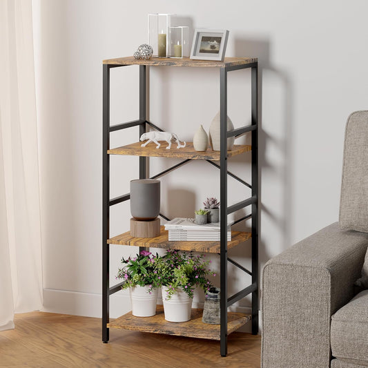 Whitmor 4 Tier Bookshelf - Small Book Shelf Industrial Bookcase, Metal Book Case Book Storage Organizer for CD/Movie/Book, Bookshelves for Bedroom Office Living Room Berry Brown