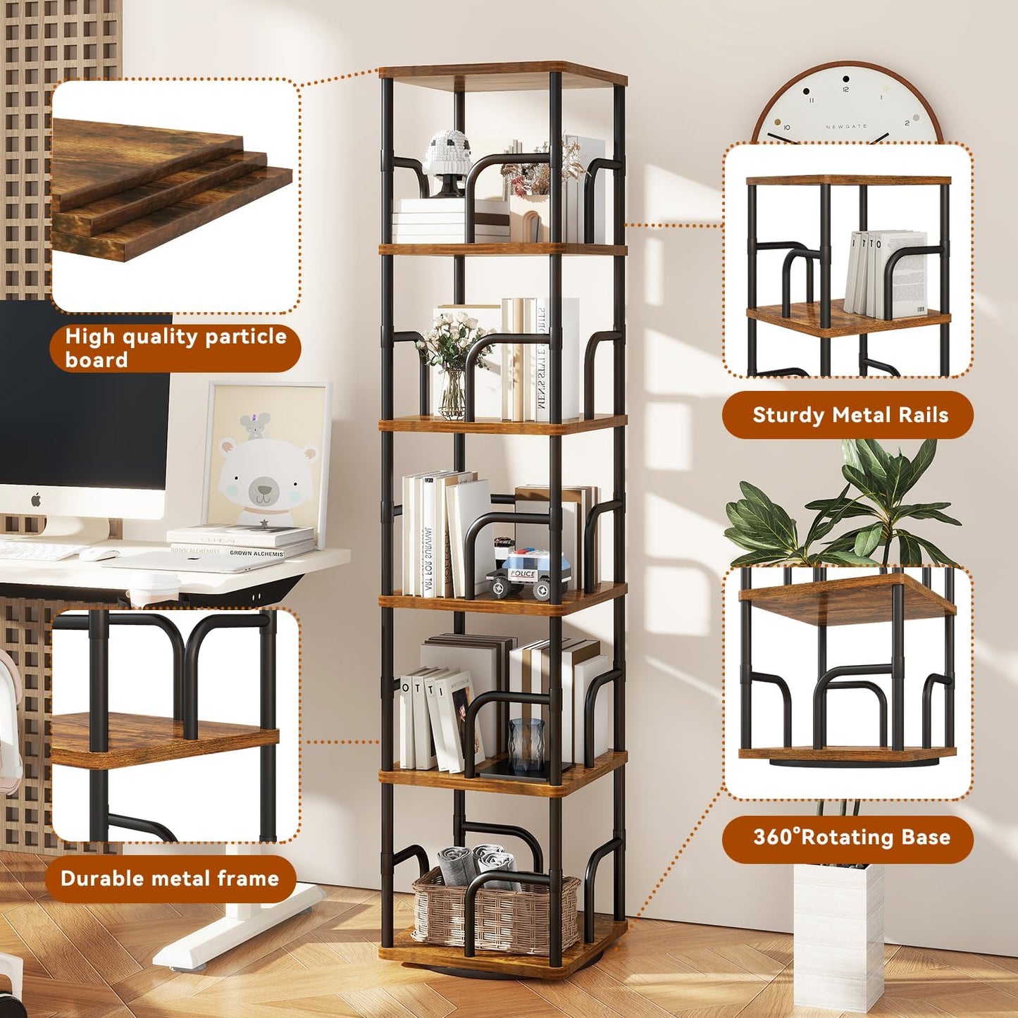 IBUYKE 6 Tier Square Rotating Bookshelf, 360° Spinning Bookcases Tower,Freestanding Corner Bookshelf with Rails,Industrial Swivel Bookcase Organizer for Bedroom, Living Room,Study,Brown,UTBC005H