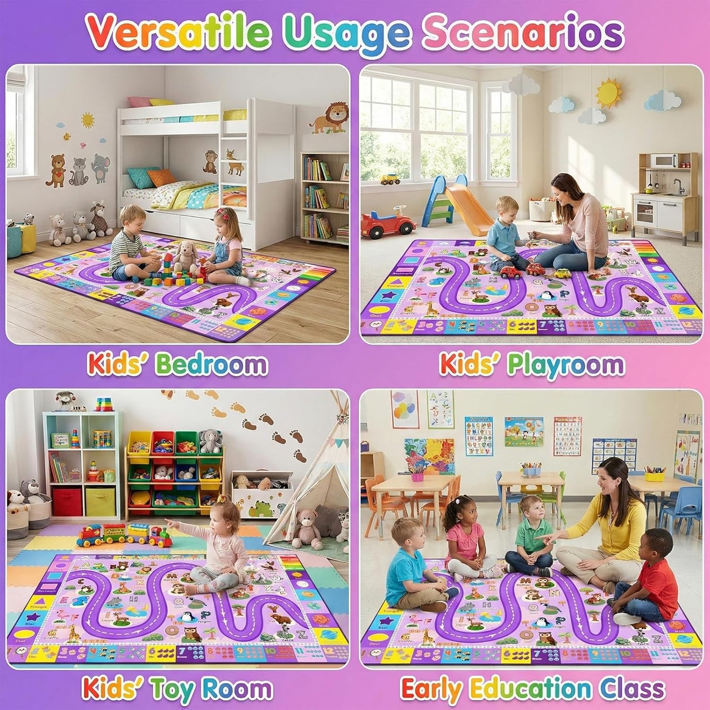 Kids Rugs for Playroom 3x5 Feet, Educational ABC Alphabet Rug with Numbers Seasons, ABC Rugs for Kids Playroom Non-Slip Play Mat for Bedroom Nursery Classroom, Purple