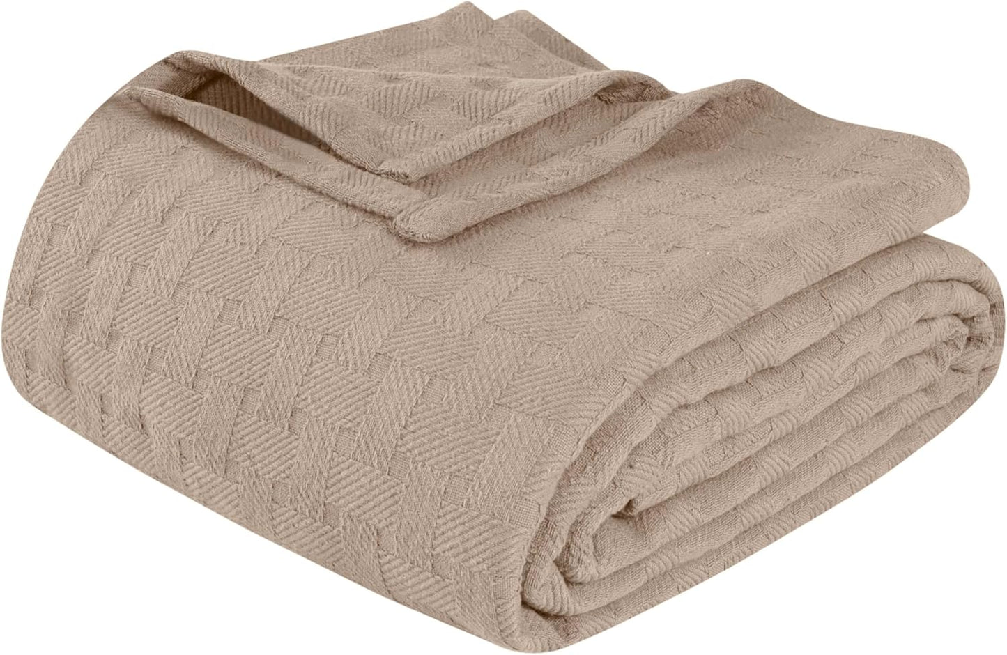 Superior Basketweave Cotton Blanket - Soft & Comfy Medium-Weight Cover for Bed, Bedding, Bedroom, Living Room Couch Throw, Lounging - Modern Boho Woven Design - Throw Size, Khaki