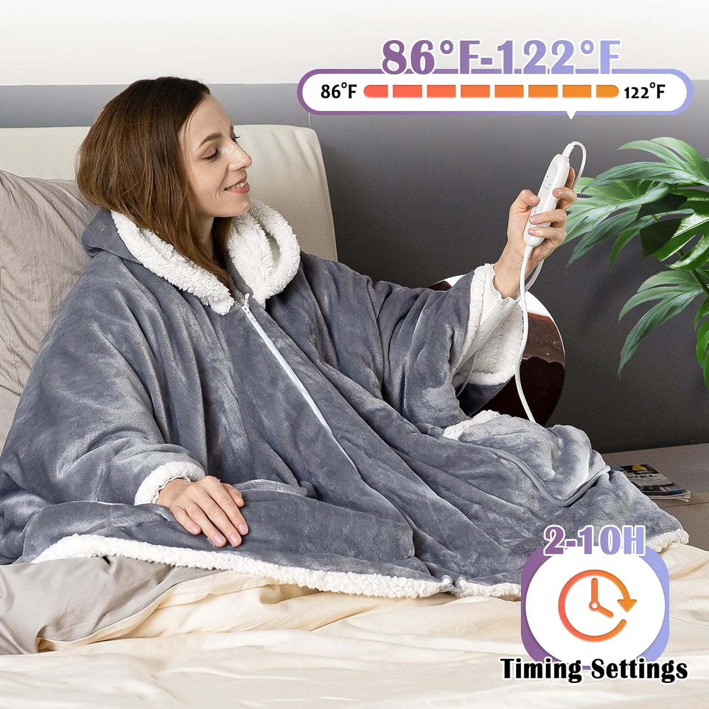 Wearable Heated Blanket Heated Shawl, Electric Throw Blanket with Zipper Design, Hood, Heated Hoodie Blanket with 8 Heat Levels, 1-10H Auto-Off Time Settings, Gift for Family, Friends, 60 * 50"