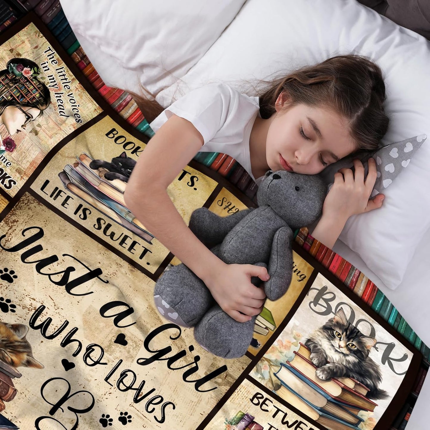 Book Lovers Gift for Girls, Books Blanket for Girls, Just A Girl Who Loves Books Cats Blanket, Gifts for Readers Book Lovers Women 40"x 50"