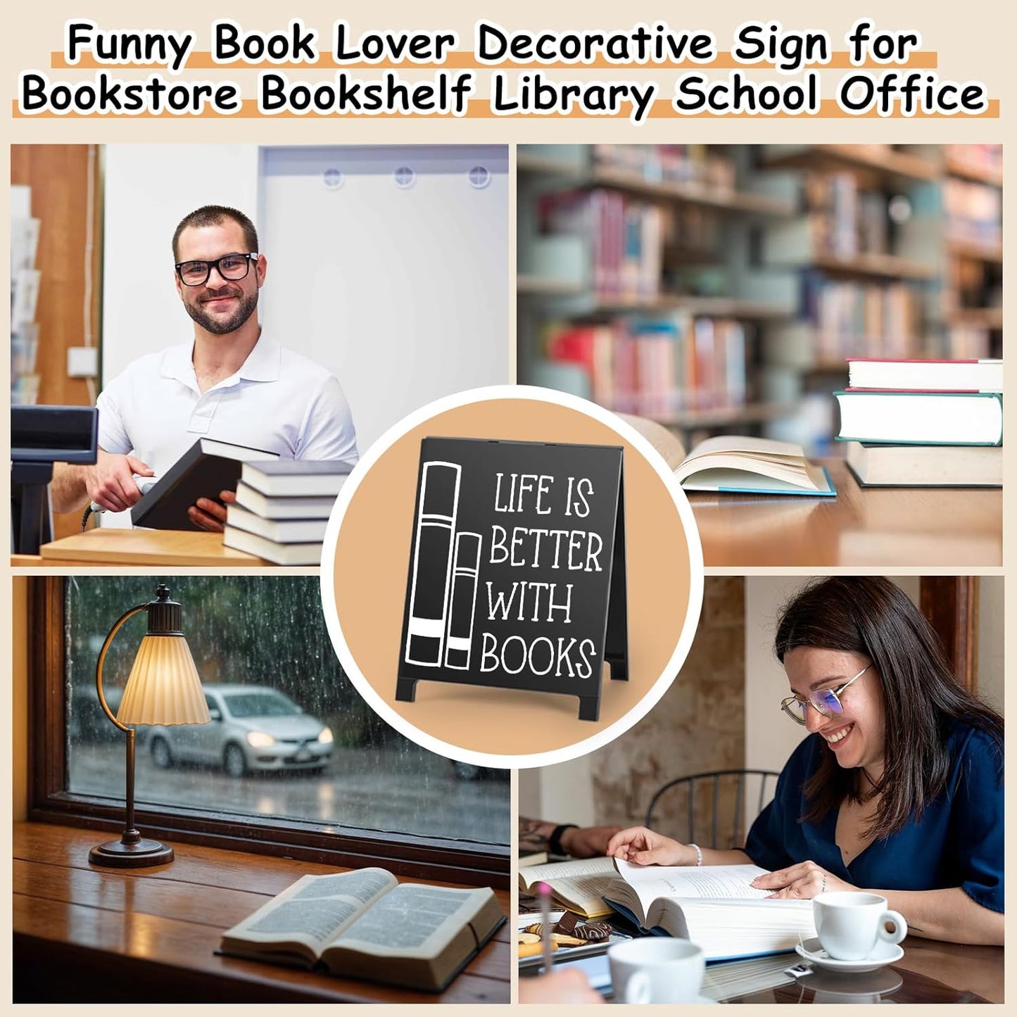 Life Is Better With Books Desk Decor Sign Retro Bookstore Table Display for Home Office Reading Nook Library Bookshelf Christmas Gift for Readers Nerd Bookworms Librarians