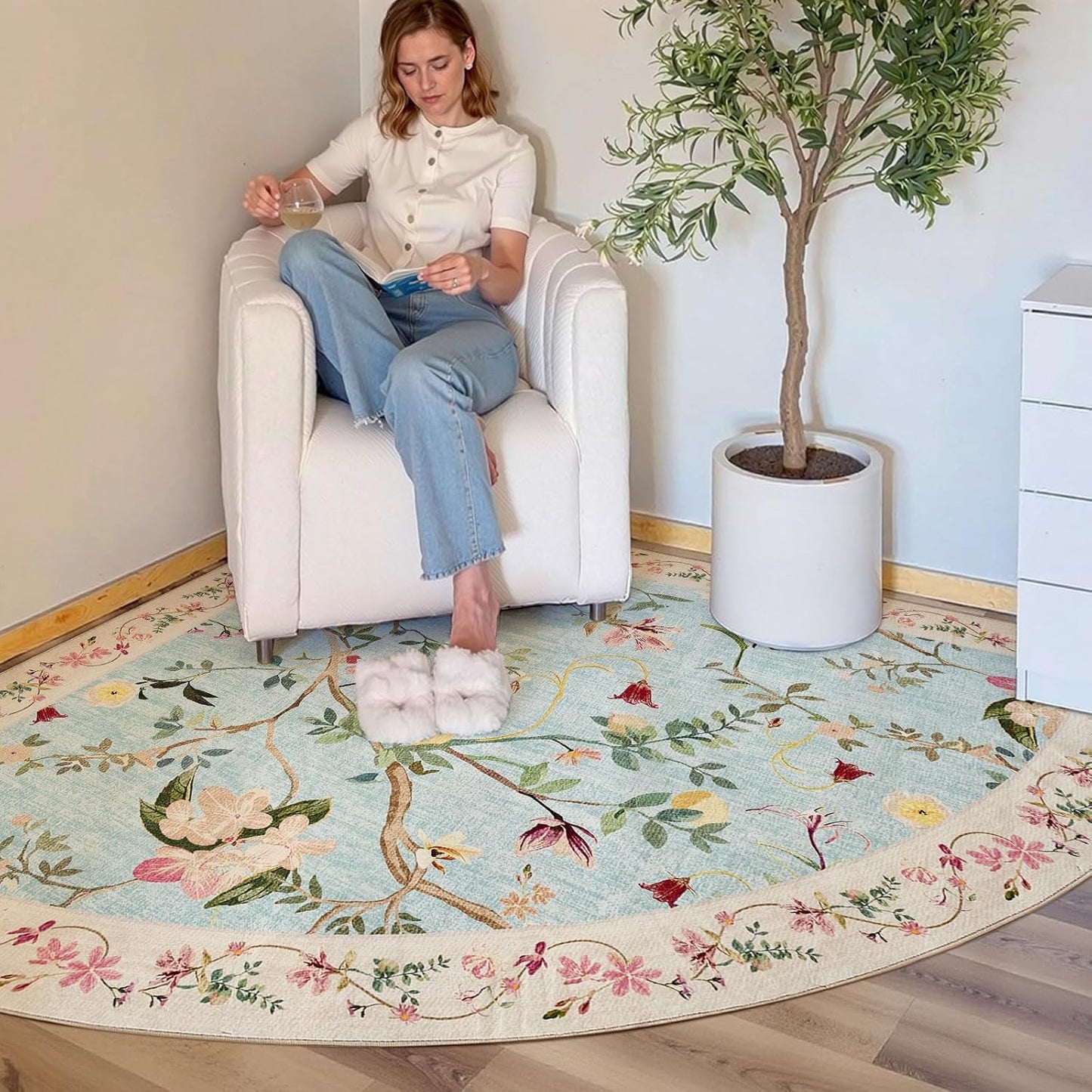 jinchan Floraison Floral Rug for 5FT Radius Corner Washable Sector Rug Oriental Flower Design Non Slip Quarter Circle Lightweight Low-Pile Throw Carpet for Bedroom Reading Nook Office Blue/Pink