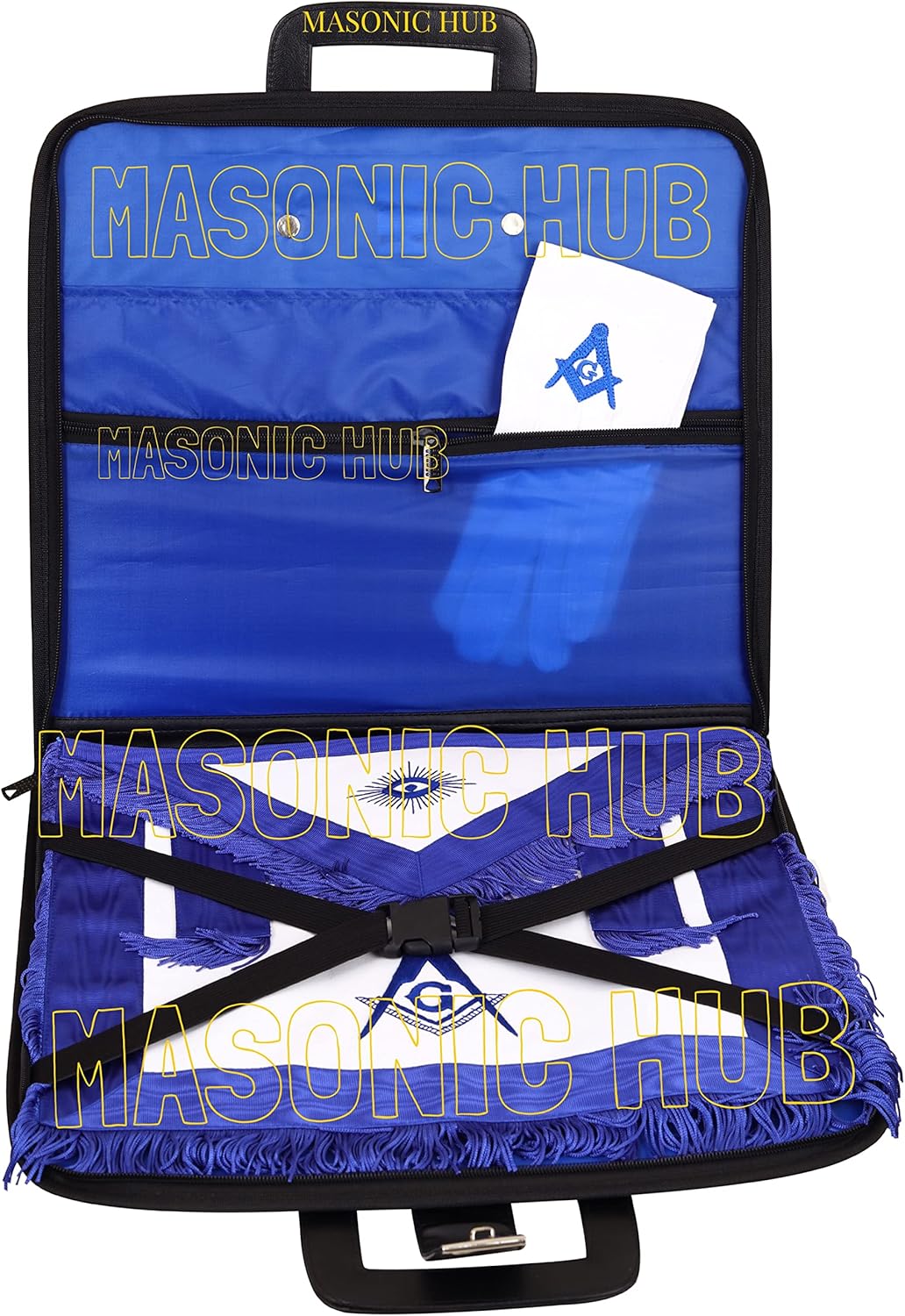 Masonic Hub Hand Embroidered Square & Compass Masonic Apron Carrying Case – Hard Sided Carrying Case with Handle, Lock & Key – Fits Master Mason Apron & Chain Collar (Black)