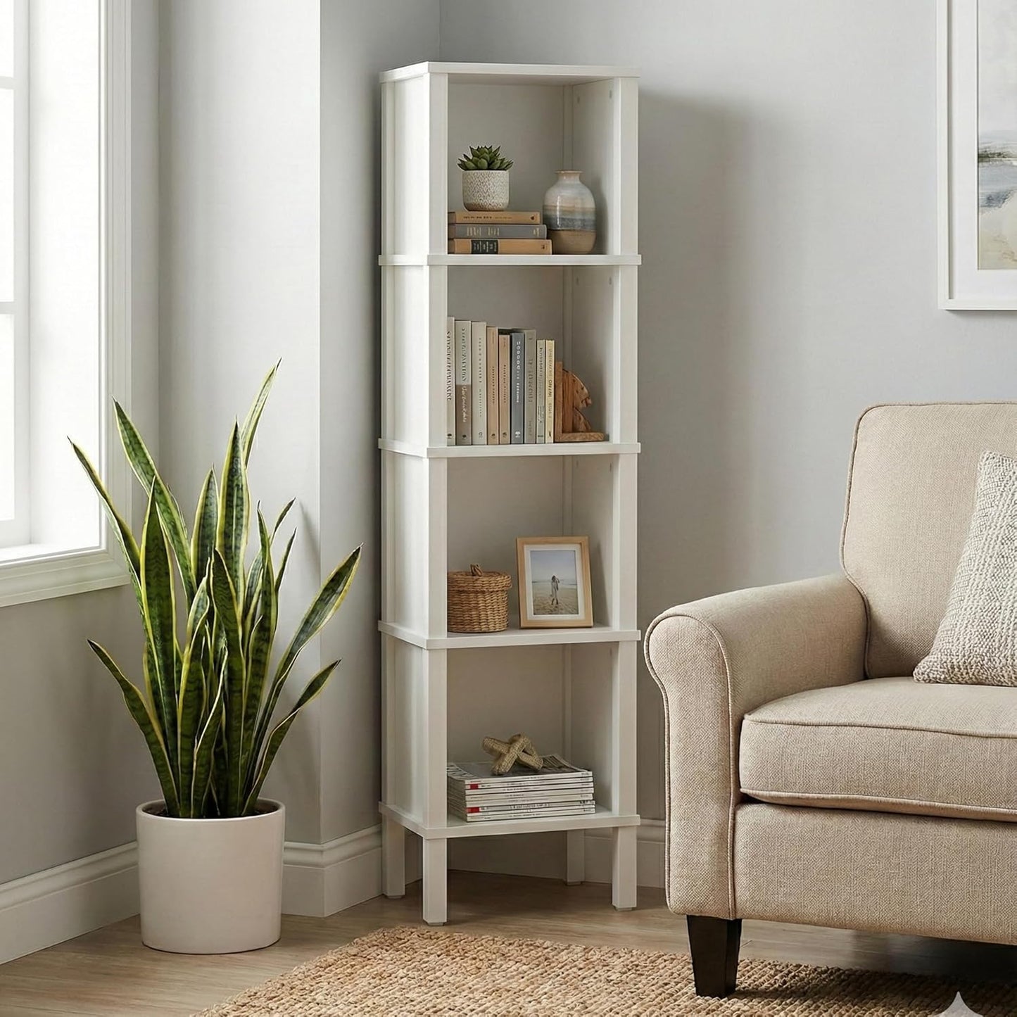 4-Tier Narrow Bookshelf for Small Spaces, Modern 4 Cube Bookcase, 14.2 x 11.2 x 52 Inches, Skinny Storage Shelving Unit, Open Display Rack for Bedroom, Living Room, Home Office,Corner (White)