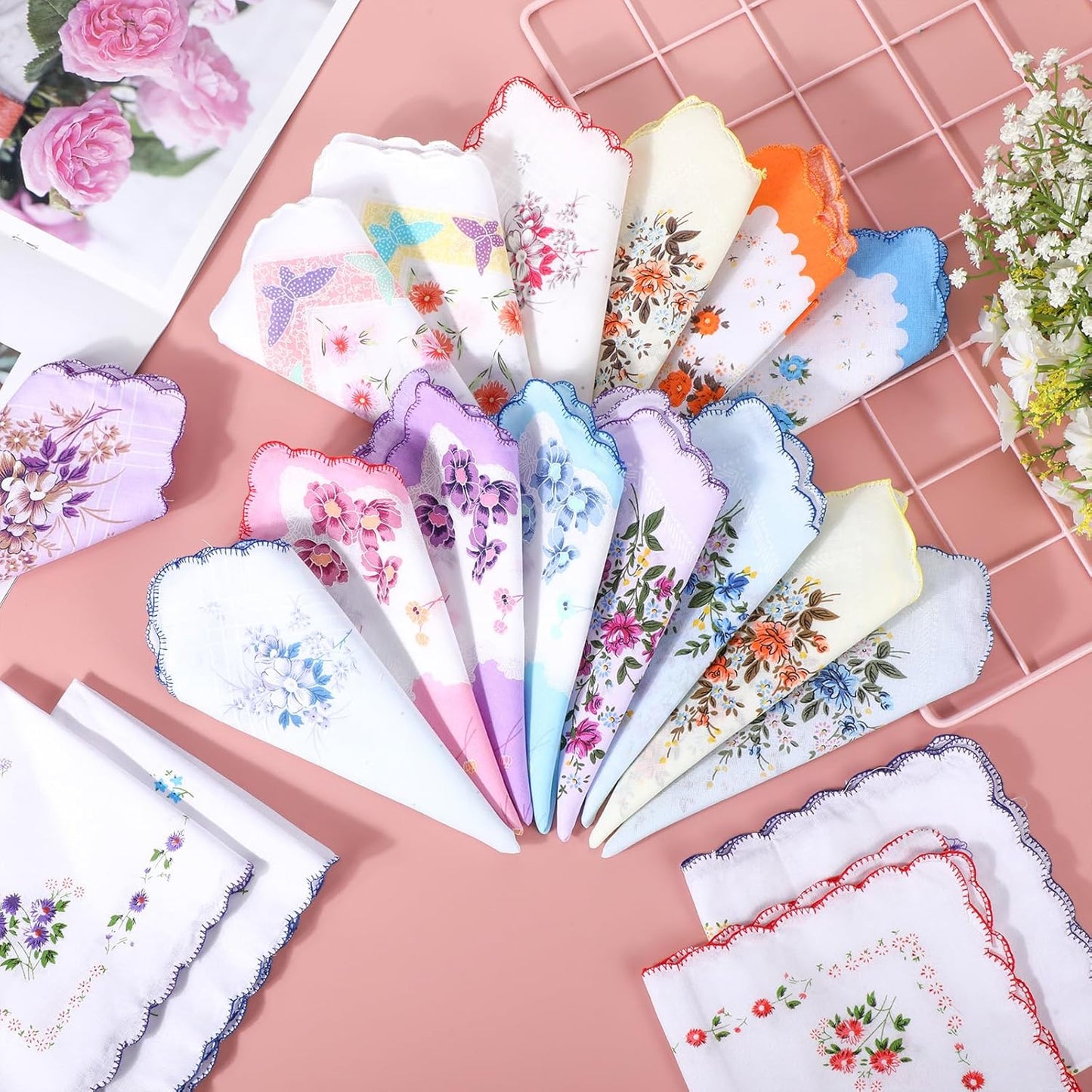 SATINIOR 45 Pieces Vintage Floral Print Handkerchiefs Women Soft Cotton Hankies Ladies Hankies