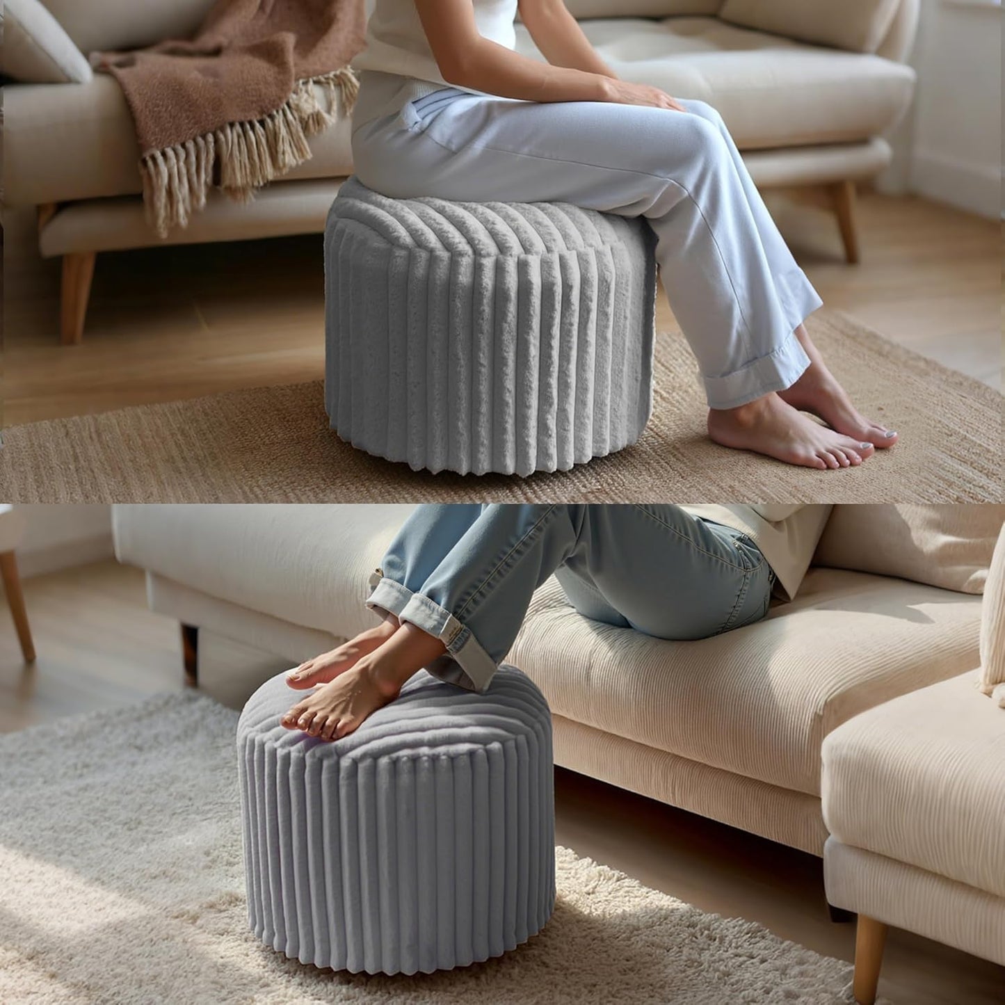 Round Stuffed Pouf Ottoman, Stripe Faux Fur Footrest with Dual Layer Comfort, Removable Washable Cover, 20" Plush Floor Pouf for Living Room Bedroom Dorm Vanity Chair Under Desk, Gray