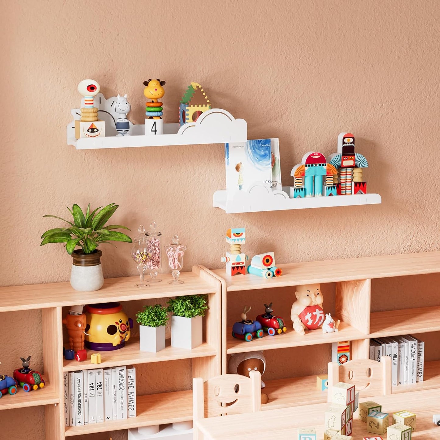 Cute Wall Shelves for Room Decor 2 Pack, White Sun&Moon Bookshelf 16’’L U-Shaped Floating Shelf Wall Mounted, Cute Decorative Cloud Shelves for Books,Plants,Figure, Storage Shelves for Living Room
