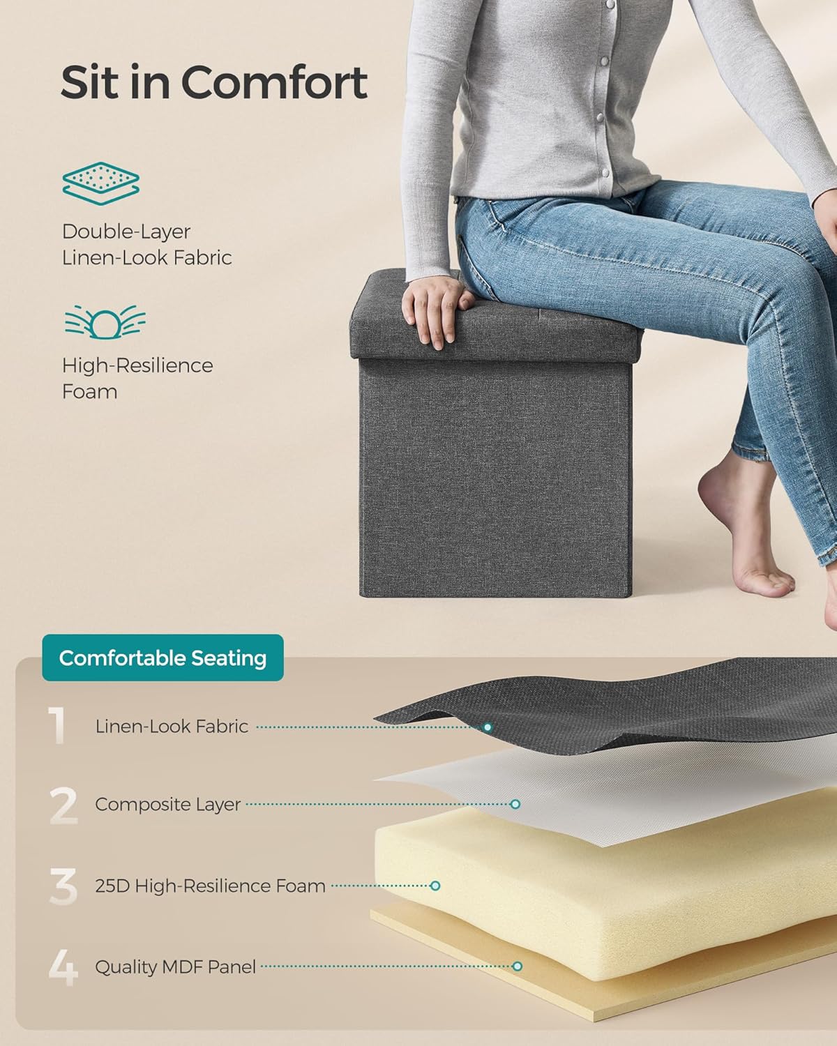 SONGMICS Storage Ottoman, Foldable Small Ottoman Foot Rest, 15 Inches Foot Stool, Cube Ottoman with Storage, Load up to 660 lb, for Living Room, Bedroom, Dorm, Dark Gray ULSF27Z