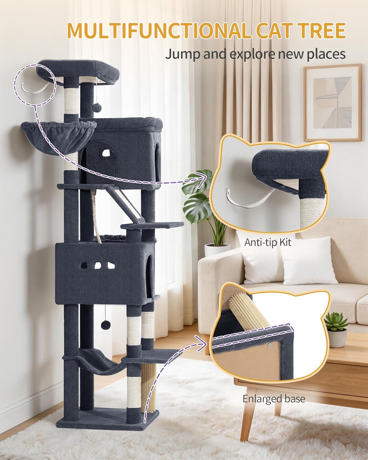 Large Sturdy Cat Tree Tower, 75 Inch Tall Pet Condo for 7 Large Cats, Cat Tree Indoor Climbing Activity Tower, 2 Large Platform/2 Cave/2 Hanging Basket/5 Scratching Post, Dark Grey MS19018SG