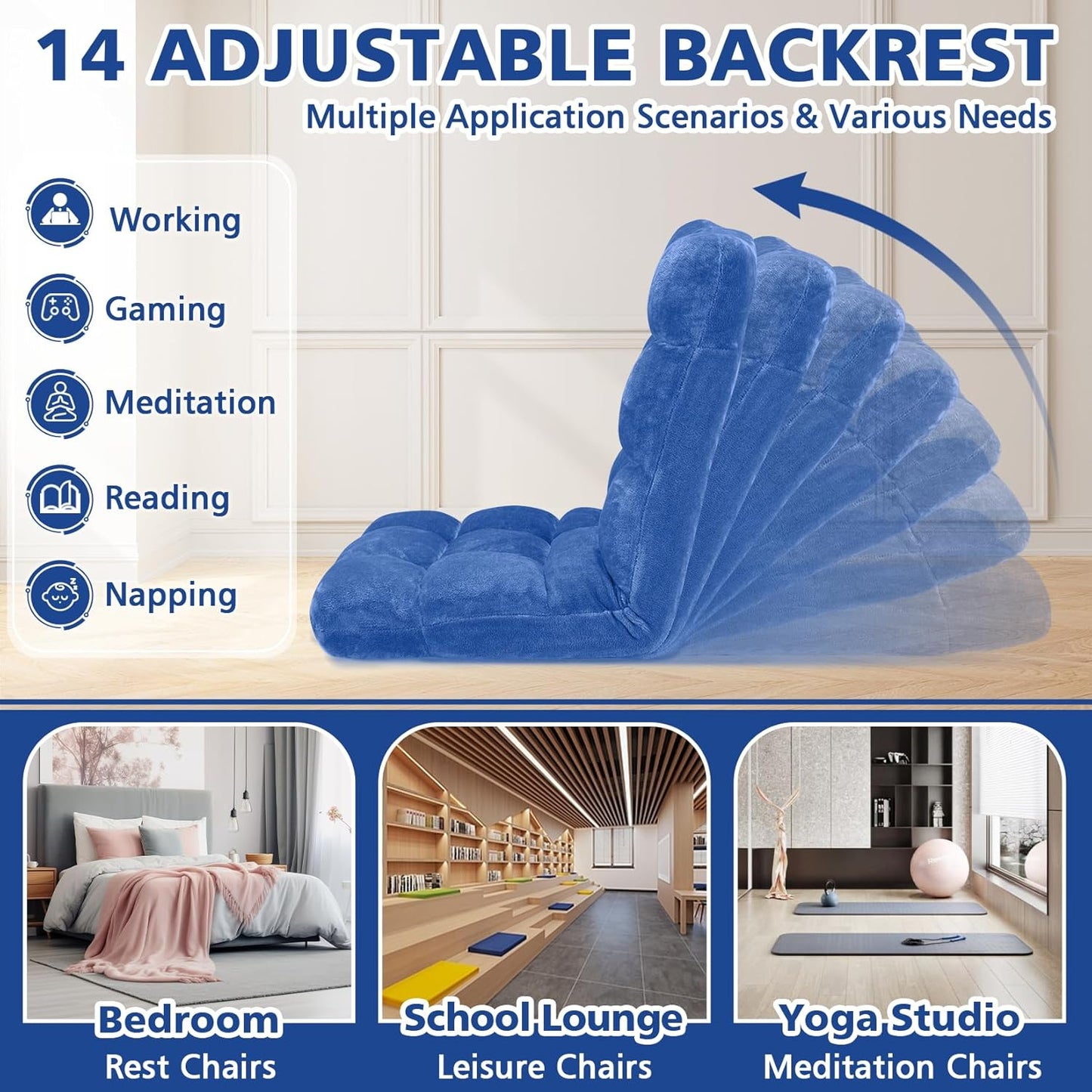 Floor Chair 14 Adjustable Positions w/Back Support, Padded Lazy Sofa w/Breathable Cotton & Skin-Friendly Coral Velve for Reading Meditating Gaming,Blue