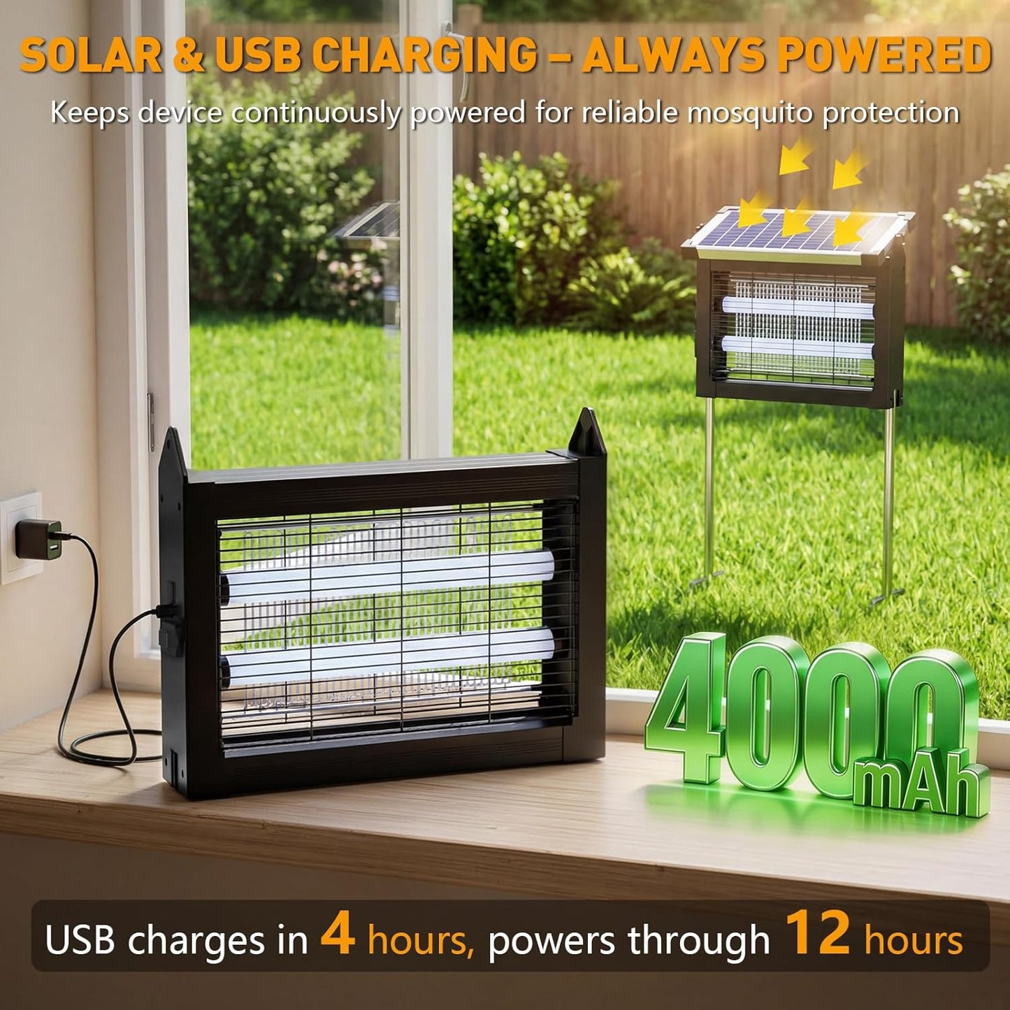 Solar Bug Zapper Outdoor, 4500V Solar Mosquito Zapper for Outdoor & Indoor, 1/2 Acre Coverage Cordless Rechargeable Electric Fly Zapper, IP66 Waterproof Mosquito Traps for Backyard, Patio, Camping