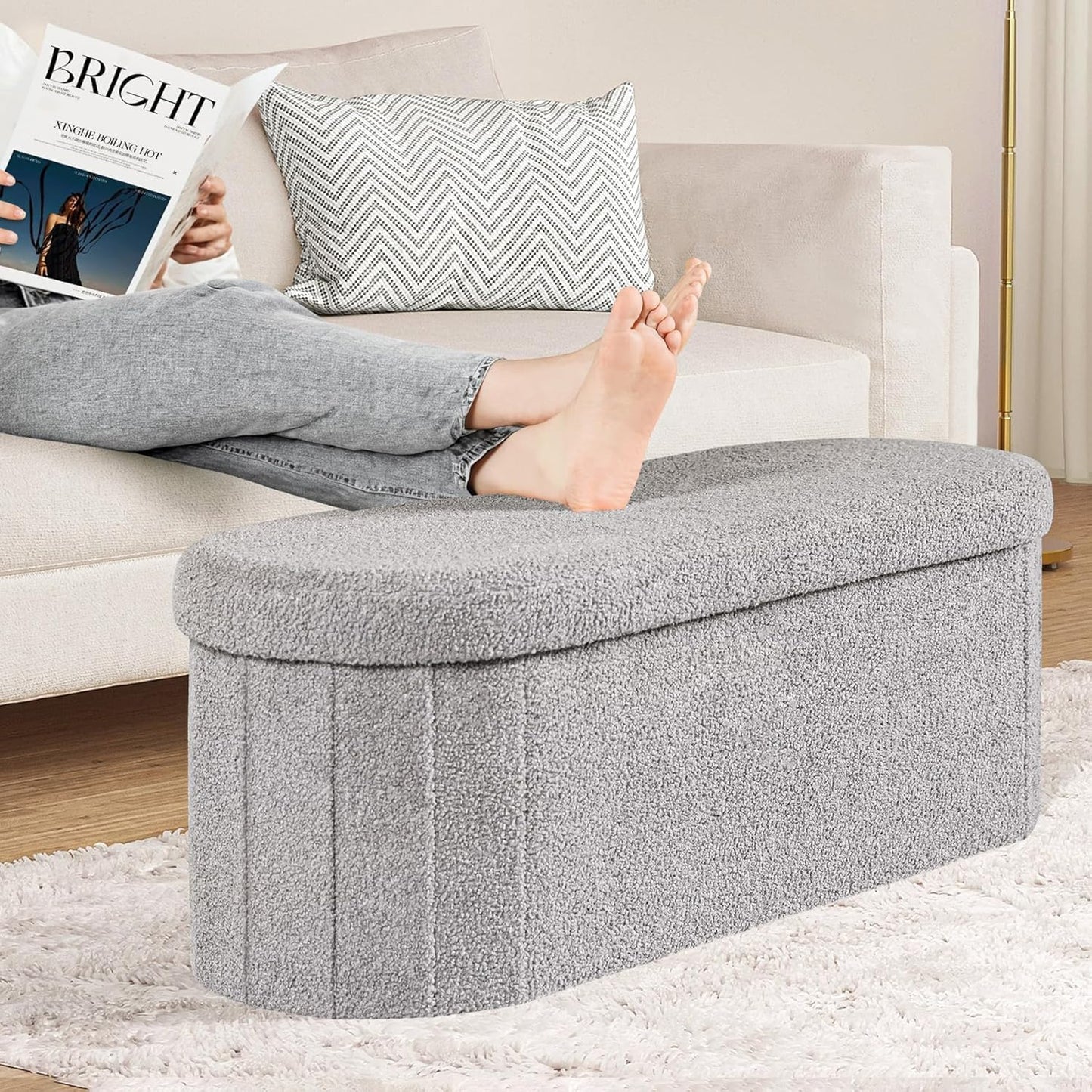 PINPLUS Storage Ottoman Bench Tufted Folding Ottomans Bench Foot Rest, Chest Box Velvet Bench with Storage, 43"x15"x15" (Grey)