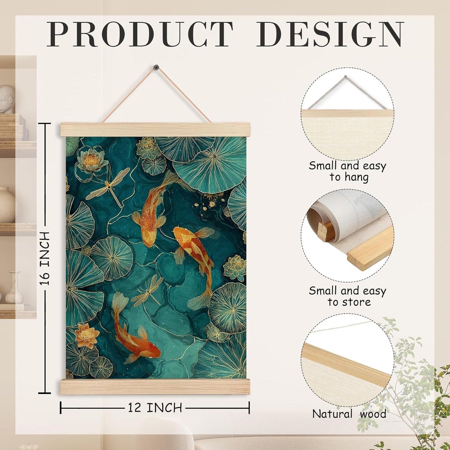 AJIPUX Japanese Koi Fish Zen Wall Art Decor, Traditional Oriental Asian Elegant Emerald Green Pond Koi Fish Wall Hanging Canvas for Office Home Bedroom Meditation Yoga Spa Room Decoration, 12x16 Inch