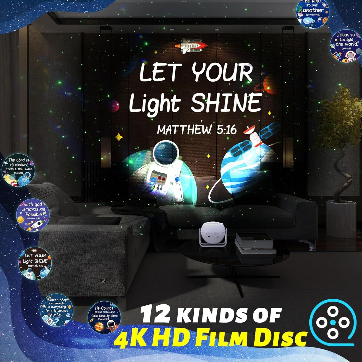 Bible Verses Projector Galaxy Projector Includes 12 Interchangeable Christian Discs Night Light Set Project Religious on Walls or Ceilings for Gift(Classic)