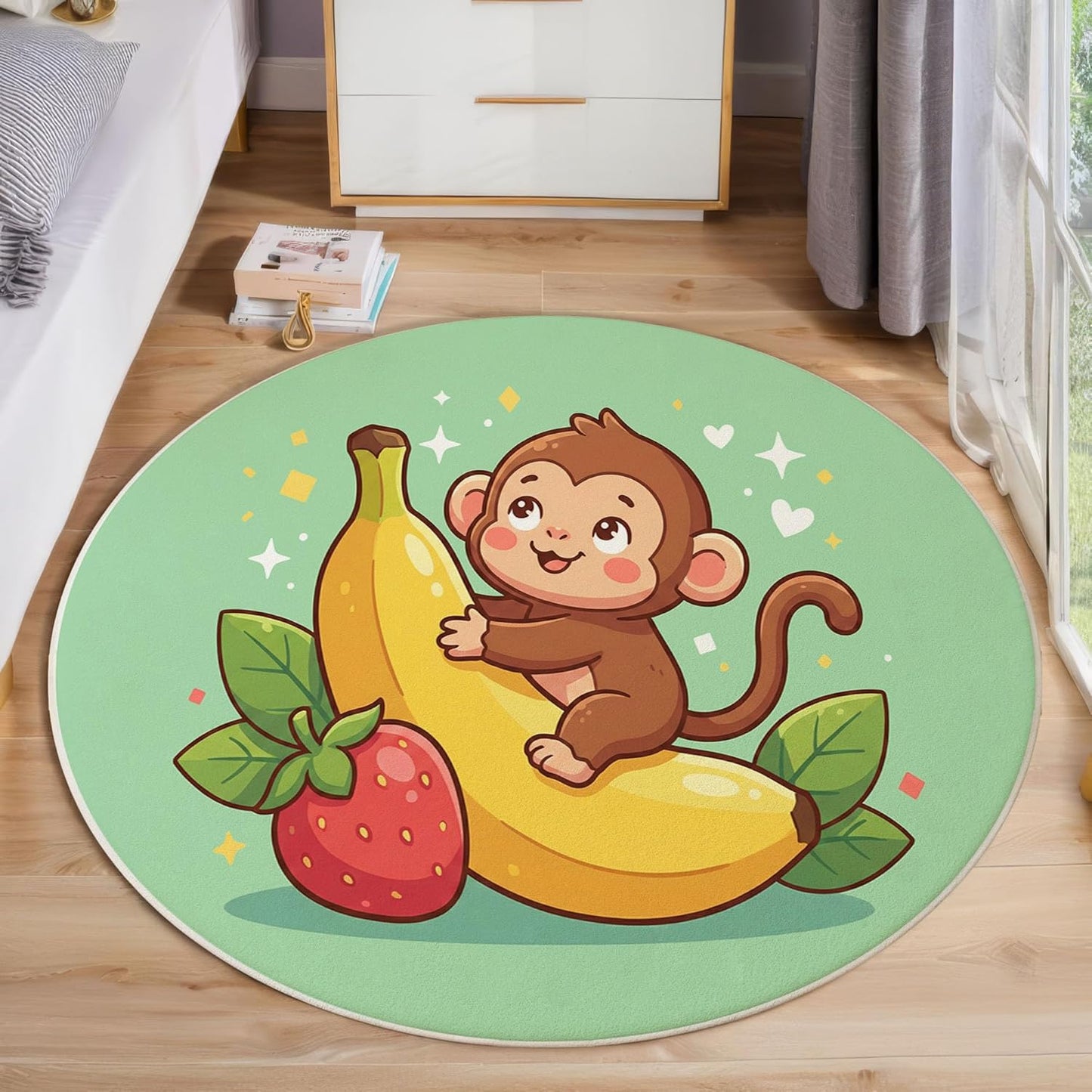 Round Rug for Kids Room, Cartoon Monkey Banana Round Rugs 4Ft, Cute Animals Circle Rug, Sage Green Washable Circle Carpet for Living Room Bedroom, Non Slip Low Pile Thin Area Rugs