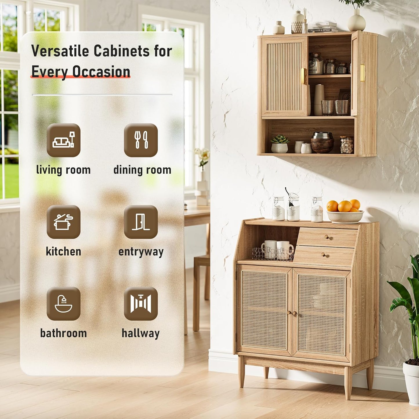 Bathroom Wall Storage Cabinet, Medicine Cabinet with Adjustable Wood Shelf & Doors, Over The Toilet Storage Cabinet for Laundry Room & Living Room Kitchen Storage Islands (Natural Oak)