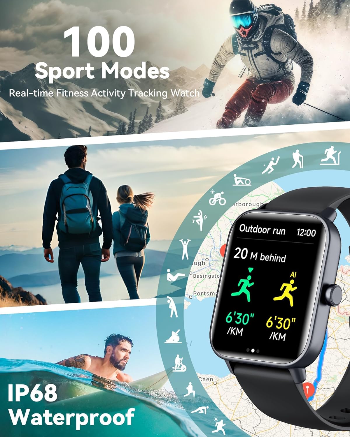 Smart Watches for Women/Men, Smart Watch for Android Phones and iPhone Compatible, Alexa Built-in, 1.8" Fitness Watches for Women, IP68 Waterproof /Bluetooth Call, Heart Rate/Sleep Monitor, Two Bands