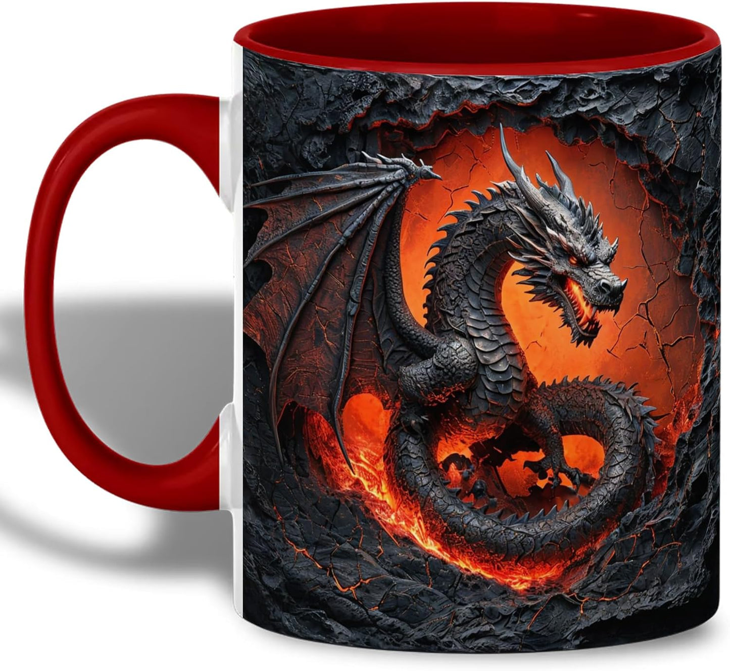 Dragon Coffee Mug, Red Handle and Interior, Fiery in Lava Cracked Design, 11oz Ceramic Cup for Fantasy Enthusiasts, Unique Gift for Men, Office, Home, Birthday, Christmas