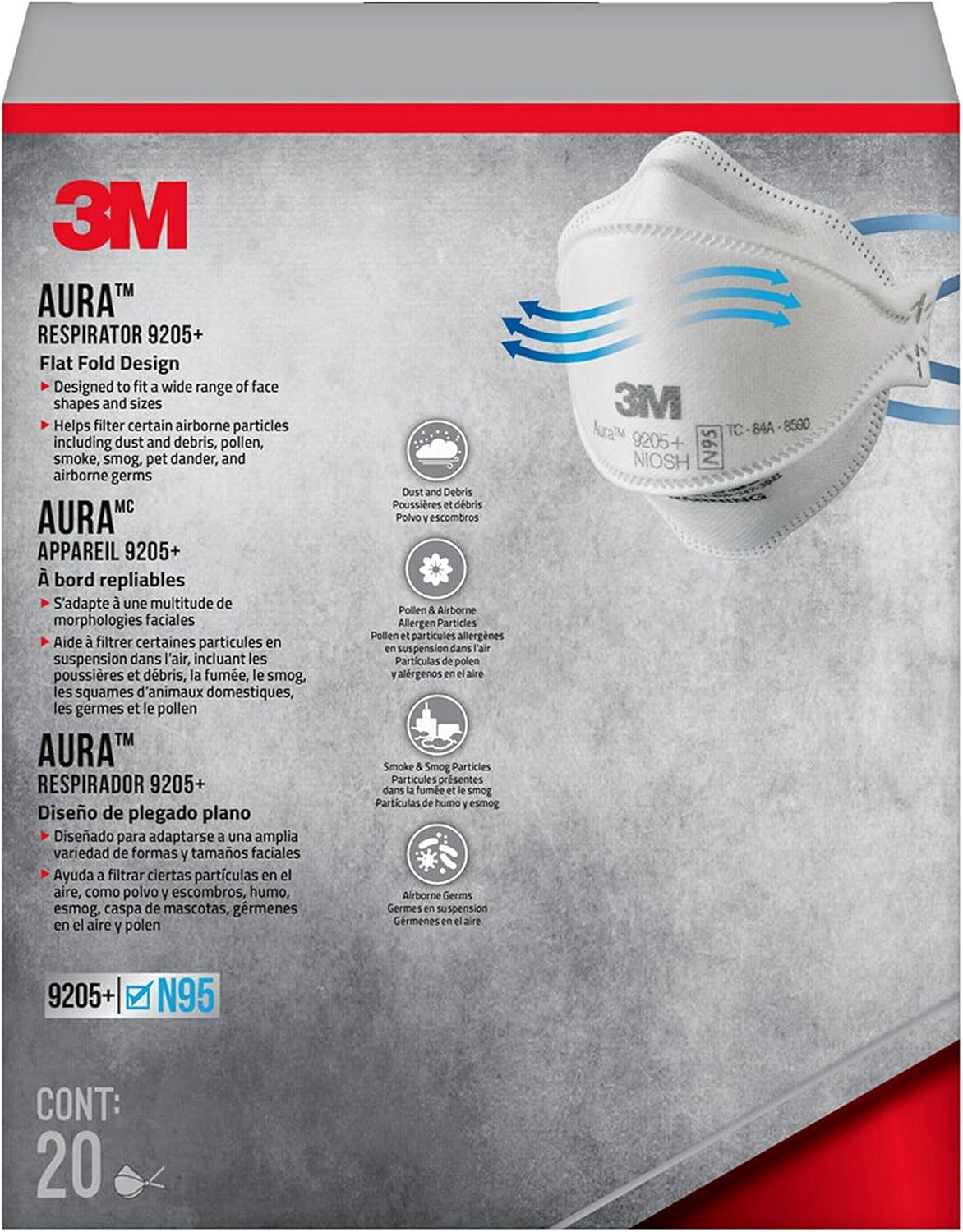 3M Aura Particulate N95 Respirator 9205+, Flat Fold Lightweight Design, Non-Valved, 20 Count (Pack of 1)