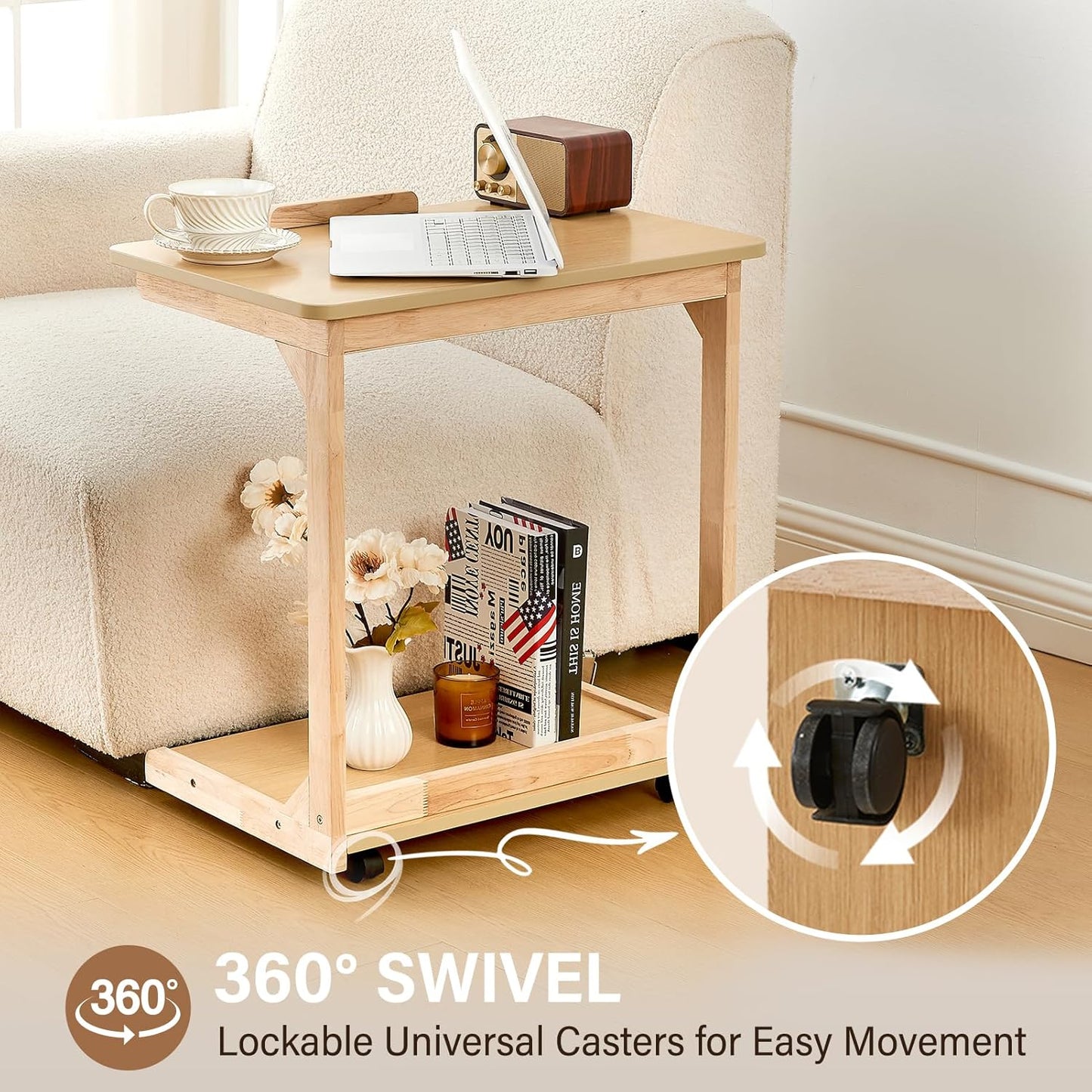 DUOMING Small Laptop Table with Wheels - Rolling Laptop Side Table Desk for Couch, Bedside Table Bedroom, Wooden TV Tray for Living Room, Natural
