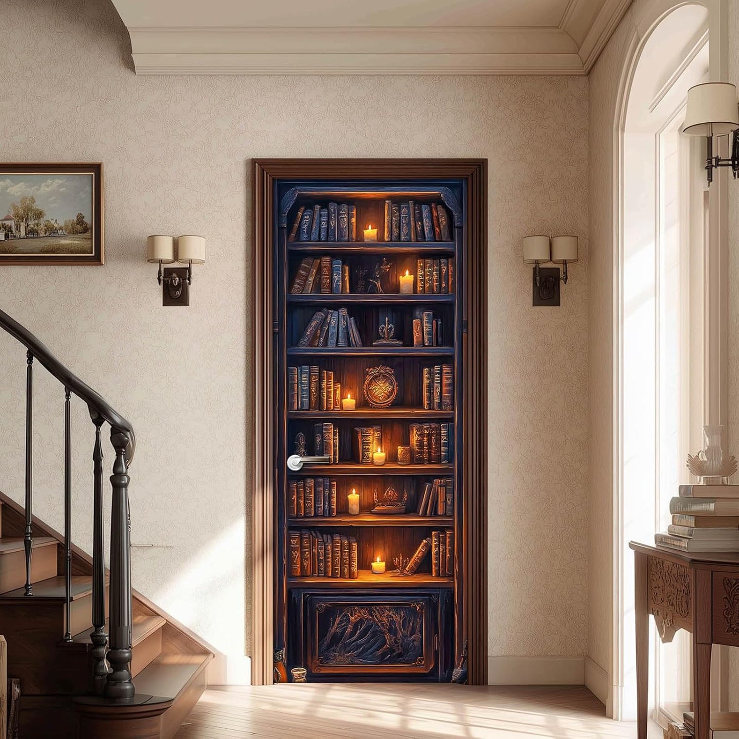 Dark Wood Bookshelf Door Sticker Vintage Library Bookcase Mural Self Adhesive PVC Removable Door Decal for Home Office Bedroom Decoration 30.3 x 78.7 in