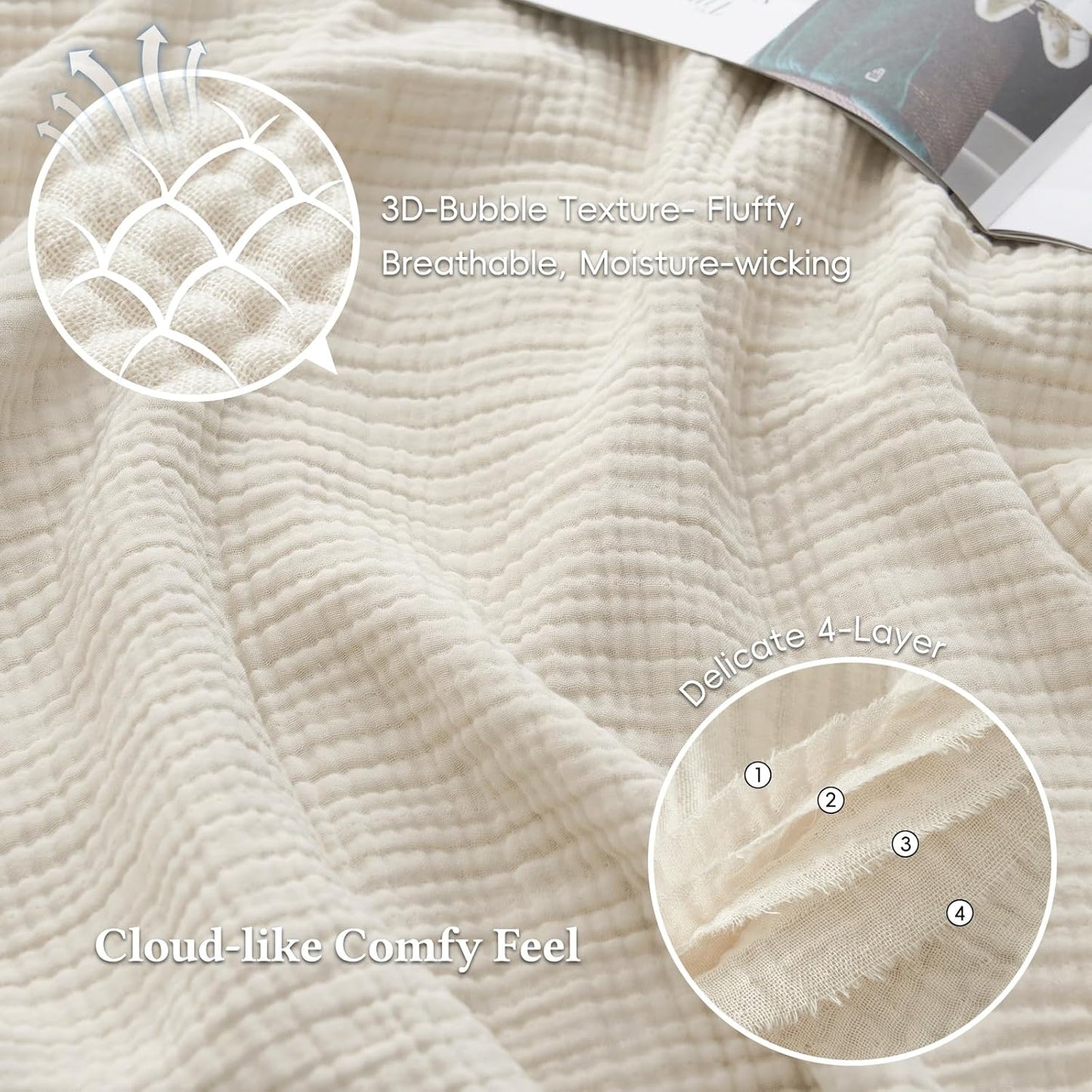 David's Home Pre-Washed 100% Cotton Muslin Throw Blanket, 4-Layer Soft Throw for Bed Couch, Breathable & Lightweight Blankets for Adults Hot Sleepers, Room Decor, Luxury Gift, Birch, 50 * 60"
