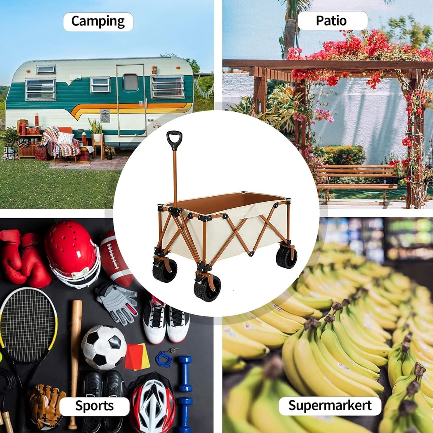 Heavy Duty Collapsible Folding Wagon - All-Terrain Beach Cart with Large Capacity for Outdoor Camping, Gardening, Fishing, Shopping & Sports - Portable Utility Trolley, Black