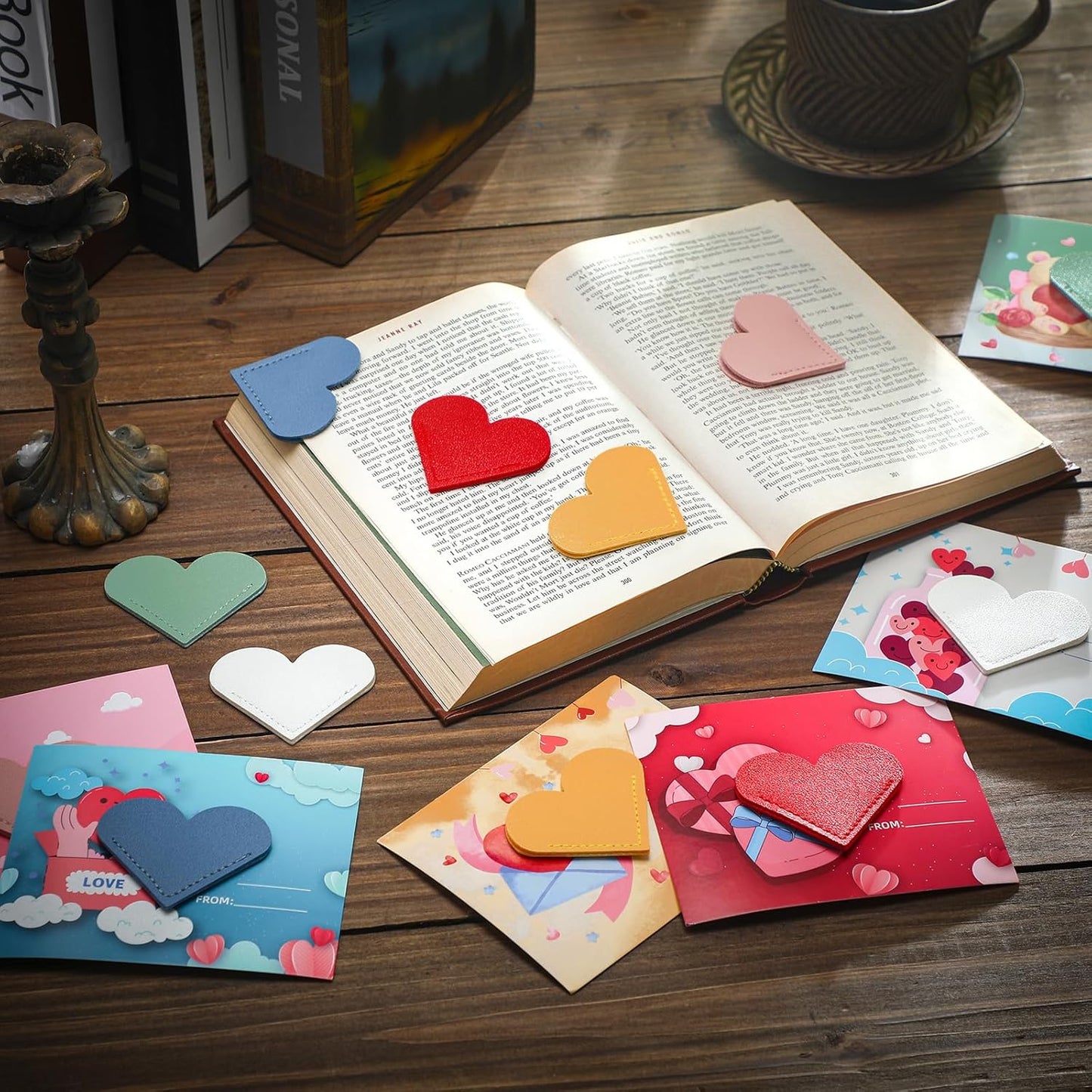 Epakh 24 Sets Valentine's Day Leather Heart Bookmarks with Cards Valentines Galentines Day Gifts Corner Page Bookmark for Reading Women Prizes Party Favor Supplies 6 Styles