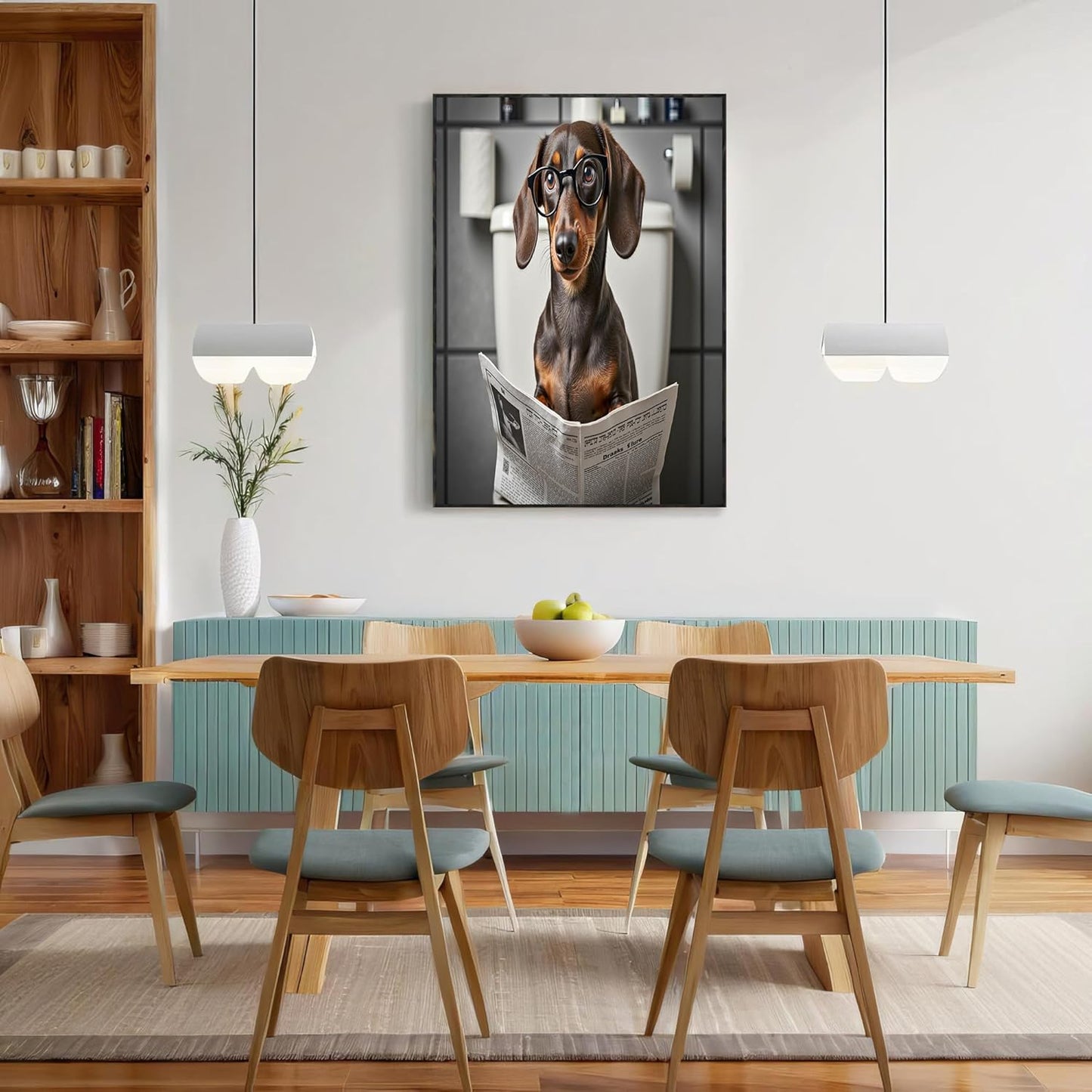 Humorous Animal Canvas Wall Art, Dachshund Sitting On The Toilet Reading The Newspaper Poster Print For Bathroom Living Room Decor 24 X 36 Inch Unframed