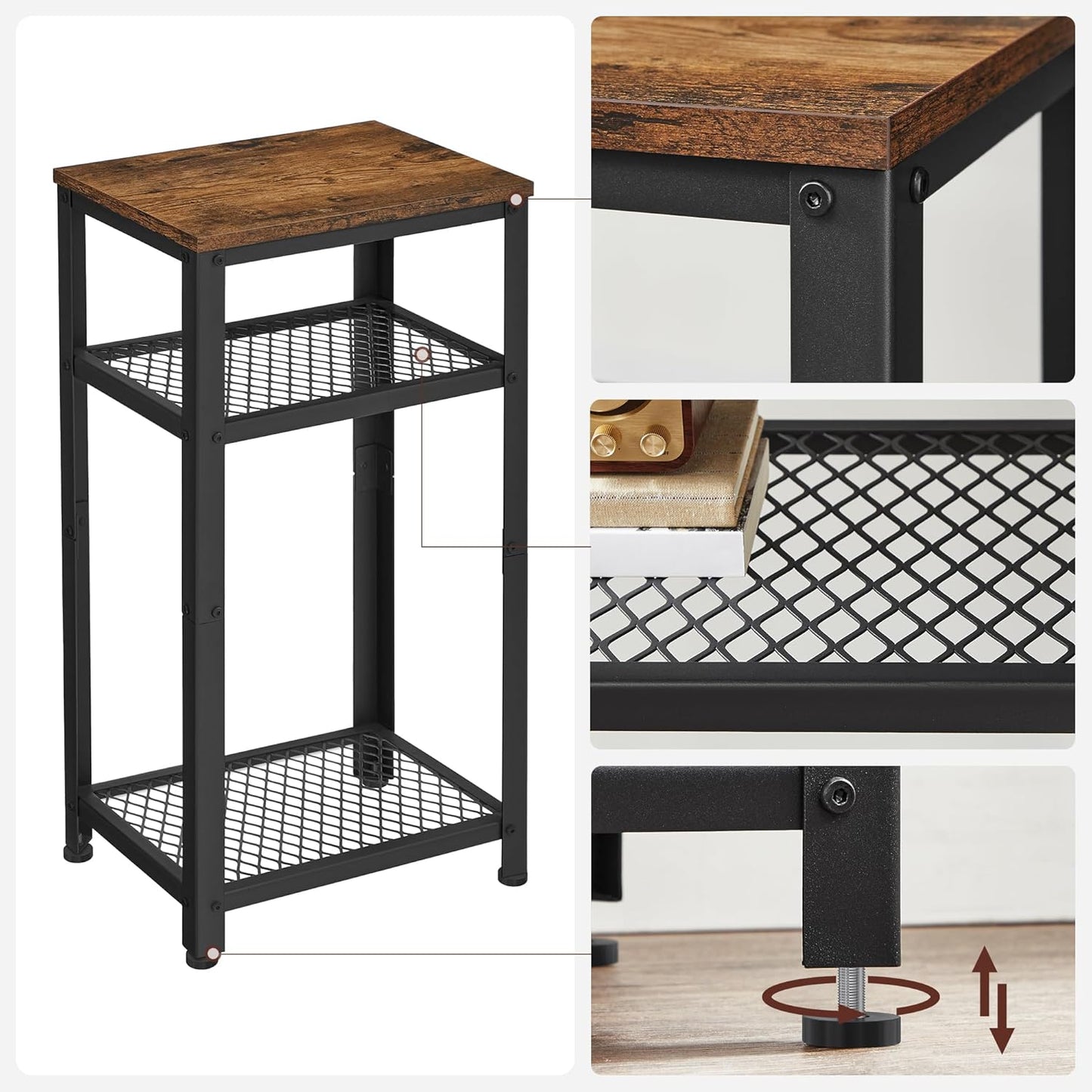VASAGLE 3-Tier Tall Side Table, Small Telephone End Table Stand with 2 Mesh Storage Shelves for Office, Bedroom, Living Room, Kitchen Cart, Rustic Brown and Black