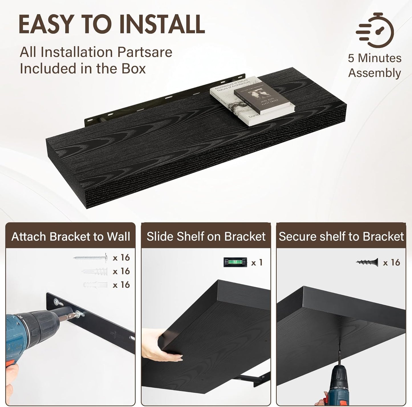 36 Inch Floating Shelves, 12" Deep Floating Shelf Wall Mounted, 36" Wall Shelves, Rustic Deep Bookshelf, Extra Deeper & Thicker Display Shelves for Bedroom, Living Room, Black, Set of 2