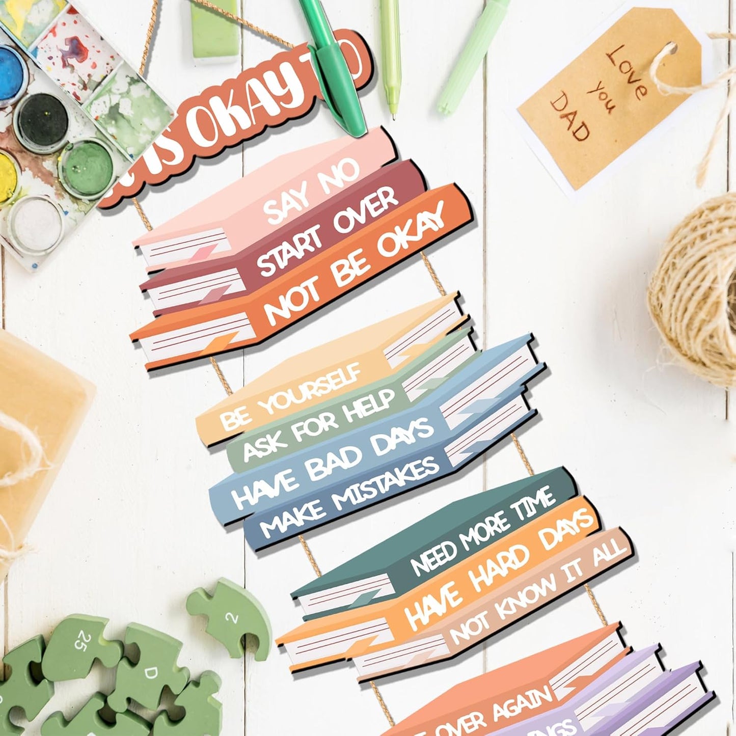 5 PCS Wooden Kids Inspirational Wall Art Sign It is Okay to Wall Decor for Boys Girls Bedroom Boho Nursery Hanging Plaque Motivational Quotes Signs Decor for Classroom Playroom Toddler Room Supplies
