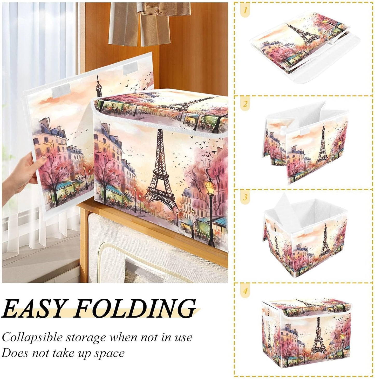 xigua Watercolor Paris Storage Bins with Lids and Carrying Handle,Foldable Storage Boxes Organizer Containers Baskets Cube with Cover for Home Bedroom Closet Office
