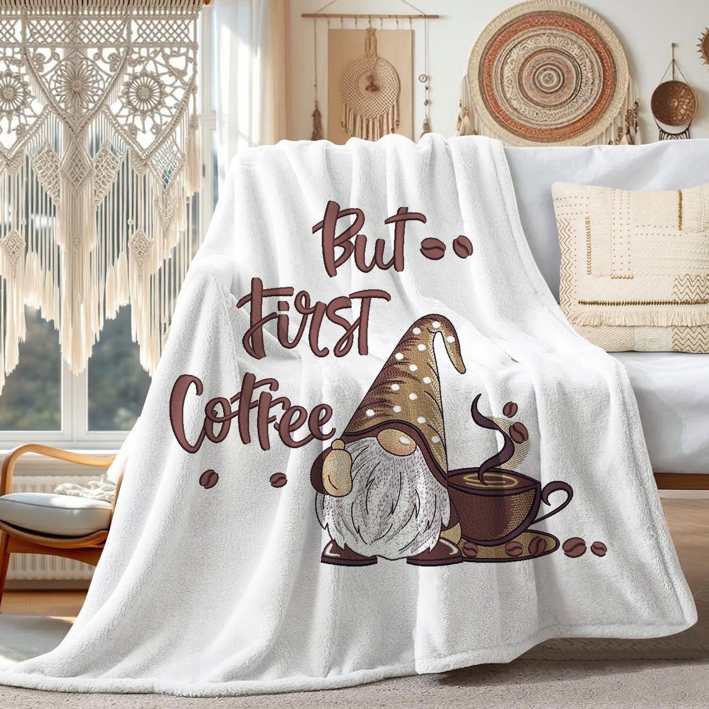 Coffee Gnome Blanket for Women, Gnomes Gifts for Women, But First Coffee Theme Blanket Gifts for Gnome Lover, Soft Lightweight Flannel Throw Blanket for Couch, 50x60 Inch