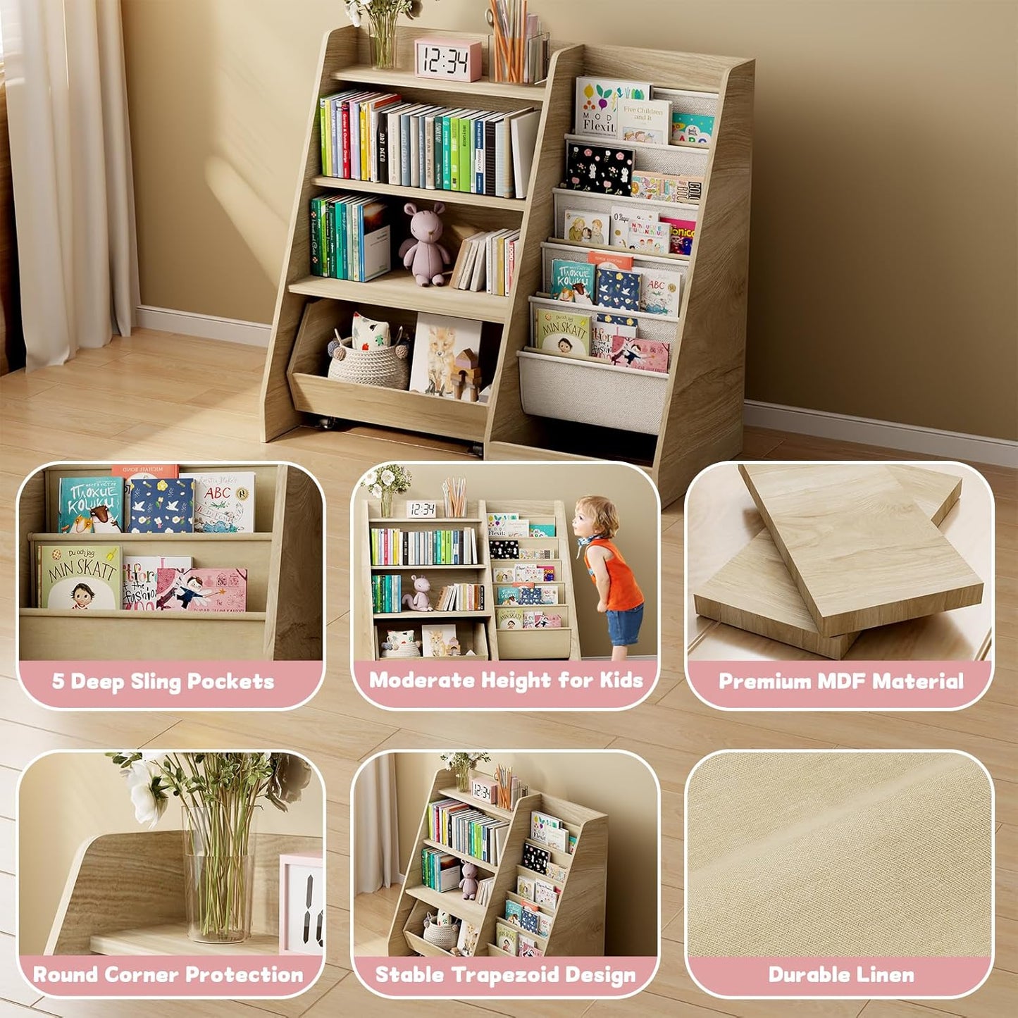 COZPAW Kids Bookshelf and Toy Storage, 4 Tier Toddler Bookshelf with Movable Drawer (Oak)