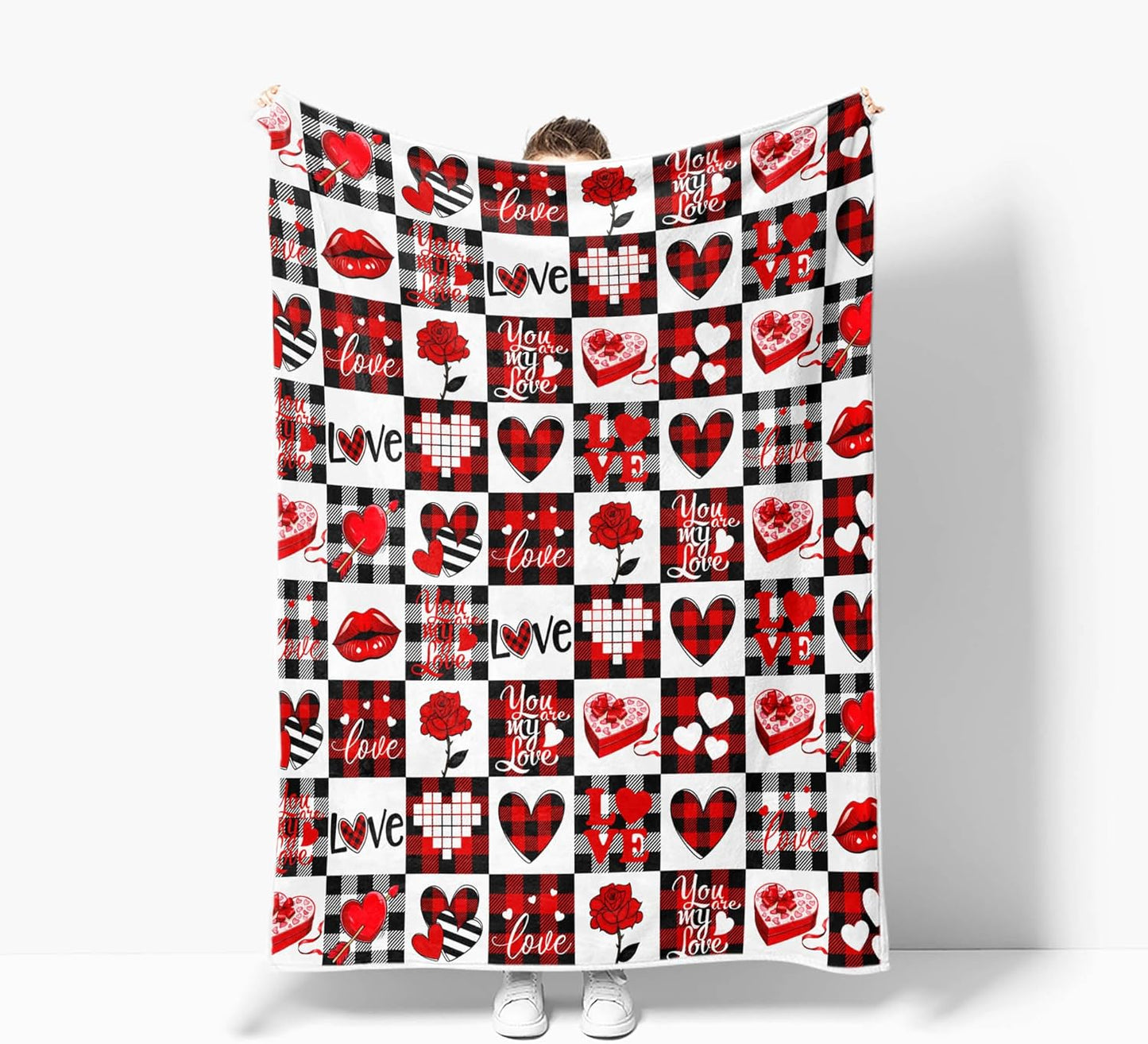 Valentines Day Fleece Throw Blanket, Red Checkered Love Heart Super Soft Fuzzy Cozy Warm Blanket, Romantic Valentine Gift for Her Wife Girlfriend Couple, 50"x60" Decorative Blanket for Couch Bed
