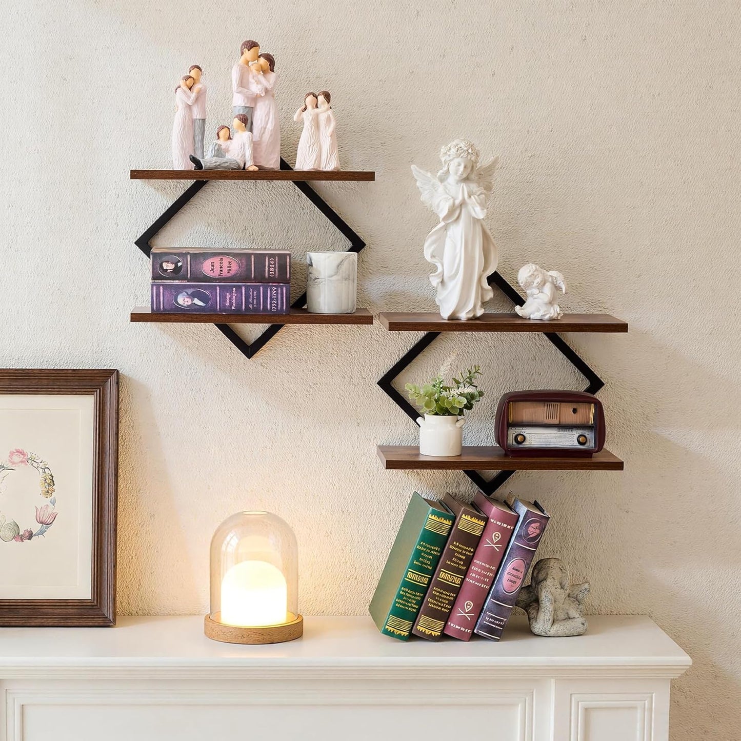 Set of 2 Floating Shelves Farmhouse Wall Shelves 2-Tier Decorative Hanging Shelves Wall Mounted Bathroom Shelves Wooden Wall Decor Shelf (Brown)