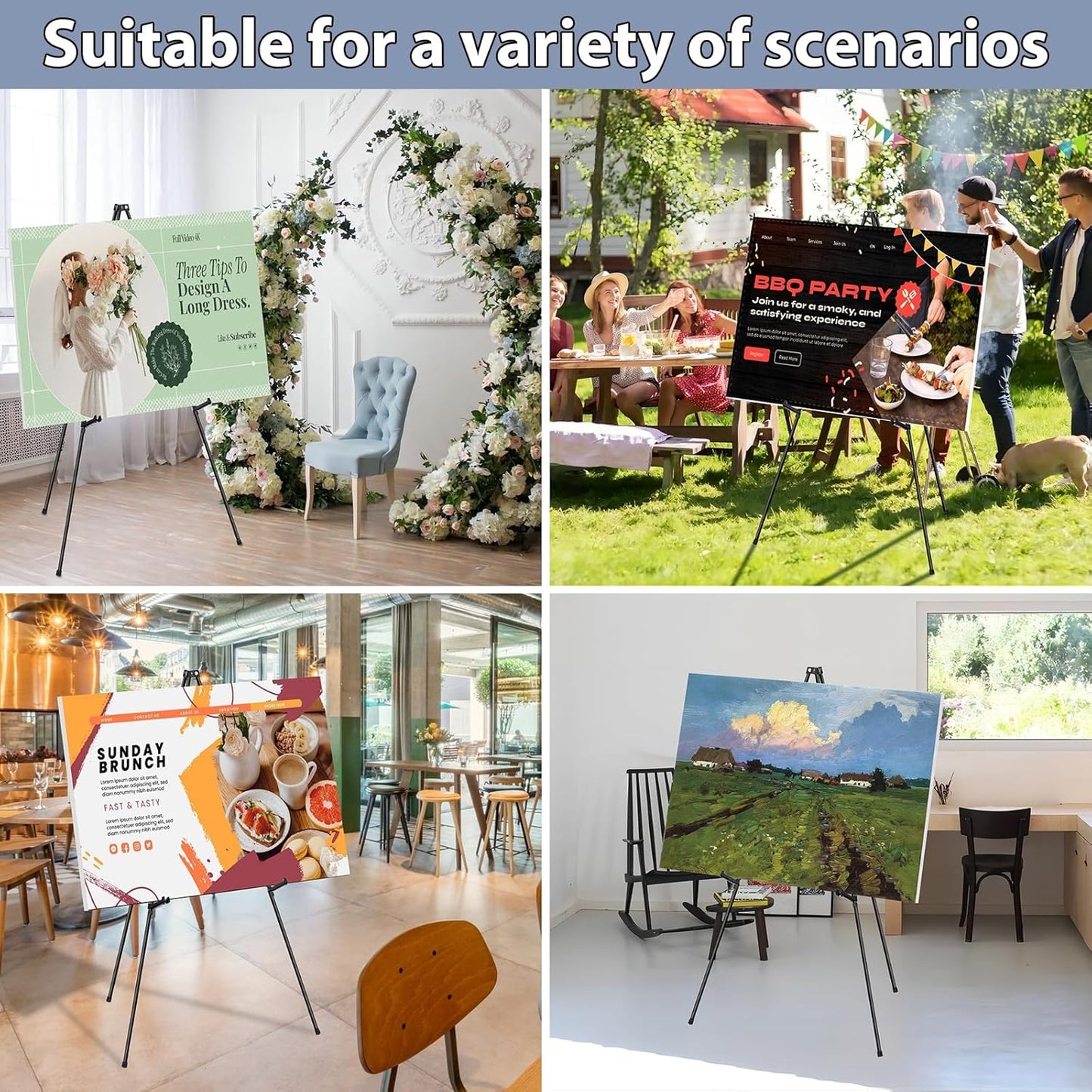 Easel Stand for Sign Picture Stands for Display, Photo Stand Floor Standing Tripod Black Easel with Support Rods, Welcome Board Stand for Wedding, Poster
