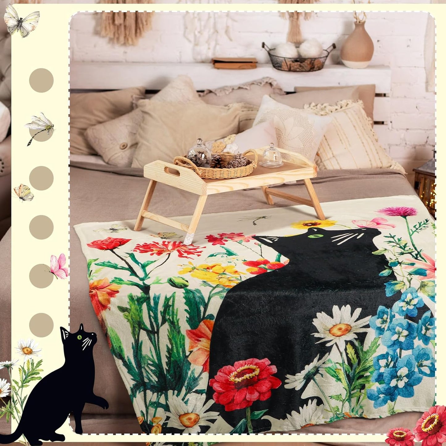 Shellwei Cute Black Cat Blanket for Bed Couch Sofa 60 x 50 Inch Floral Fluffy Gift Flannel Throw Watercolor Butterfly Flowers Garden Cat Throw Soft Blanket Home Decoration for All Seasons